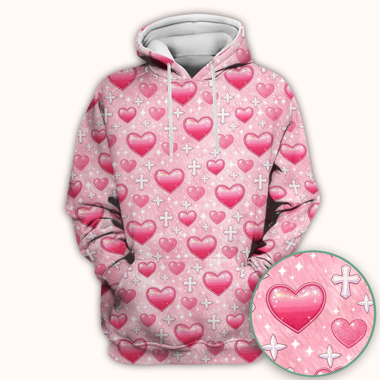 Pink Heart & Cross Pattern Scrub Top, Comfortable Scrubs for Nurses Uniform, Valentine's Day gift