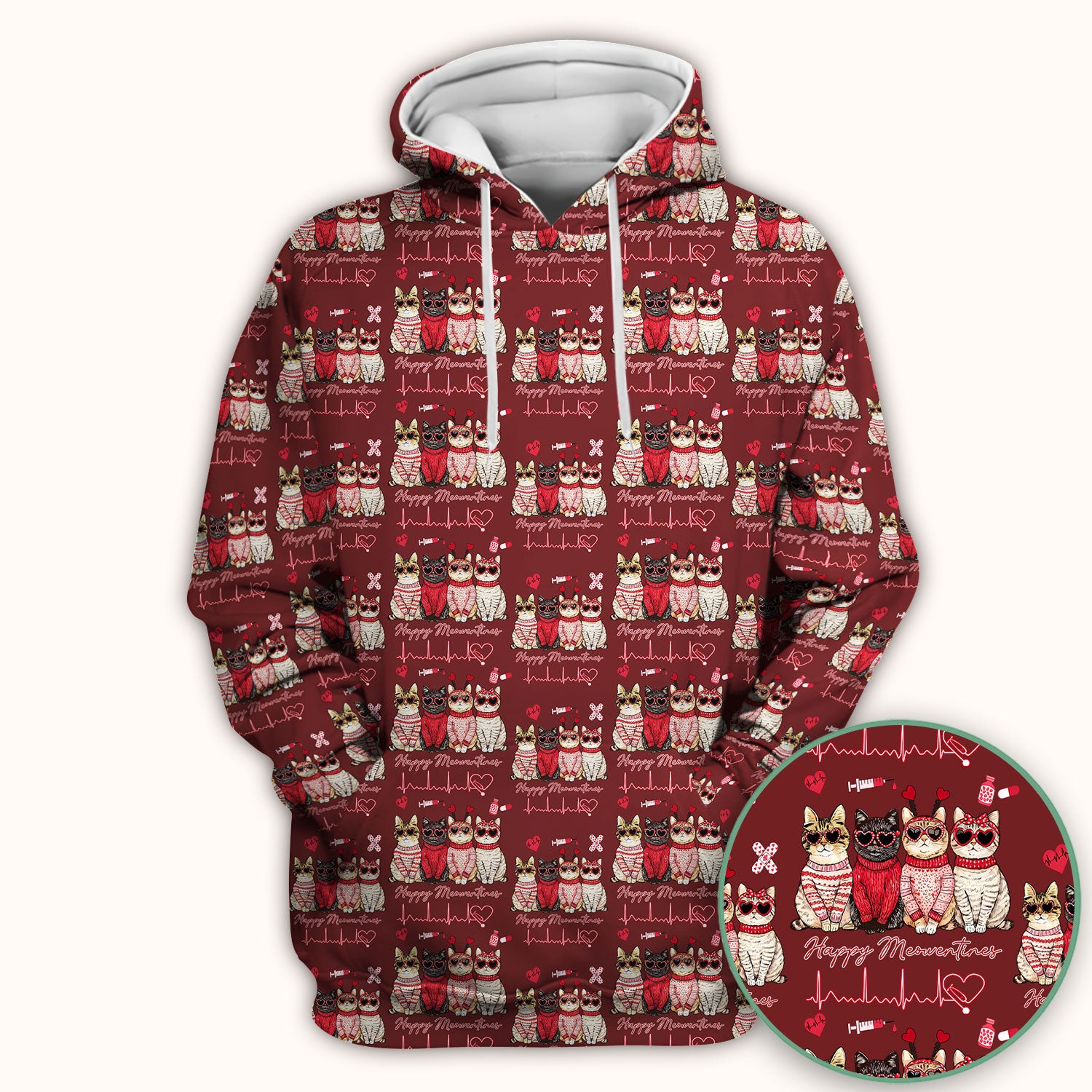 Happy Meowtines Cat Pattern Scrub Top, Valentine Cat Lover Nurse Scrub Shirt, Heartbeat Medical Pattern Nursing Uniform