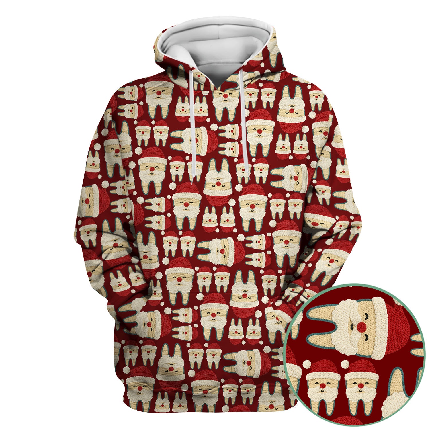 Christmas Tooth Scrub Top - Cute Santa Tooth Pattern for Dentists & Hygienists - Crochet Style Holiday Medical Uniform for Women