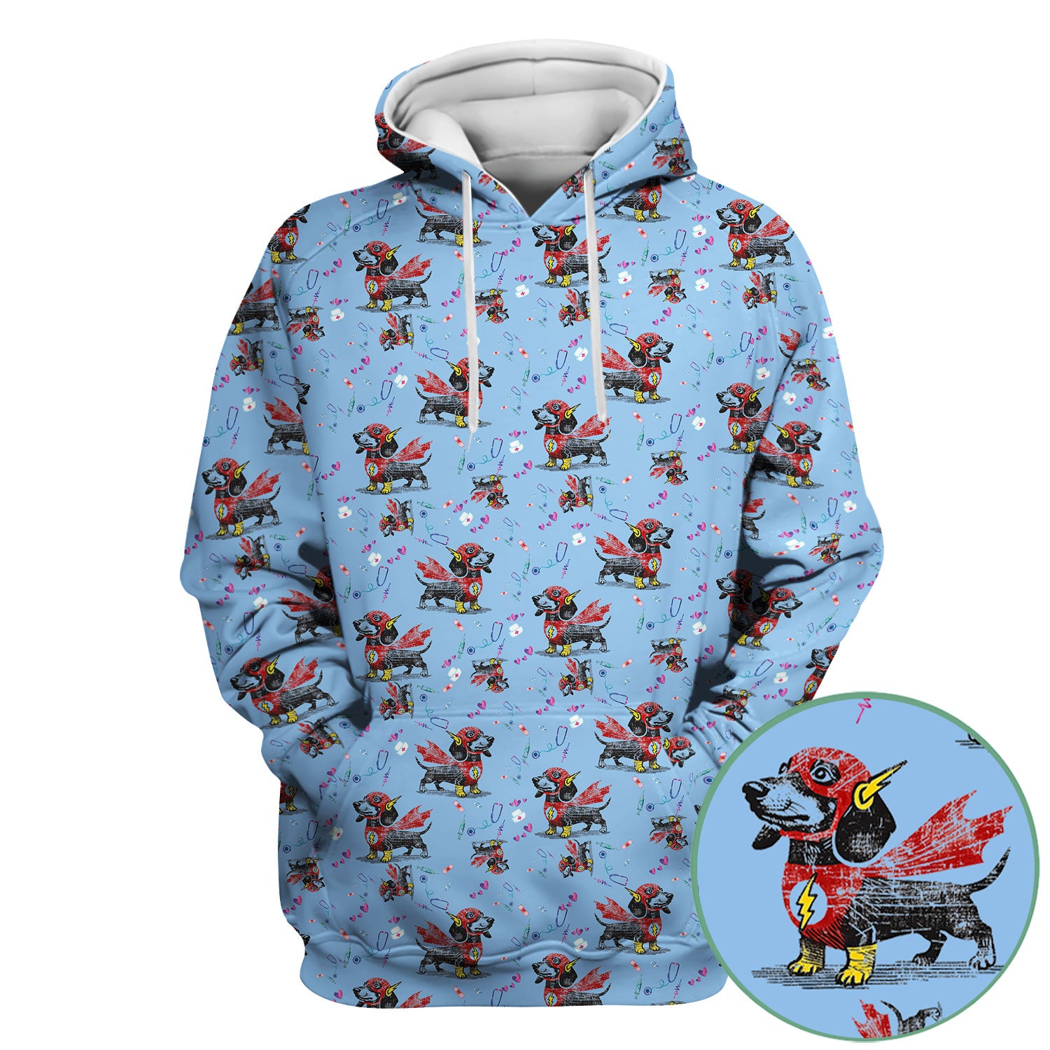 Dachshund Hero Scrub Top for Nurses - Super Nurse Funny Flash Dog Print Medical Uniform Shirt - Cute Sausage Dog Gift for RN CNA LPN
