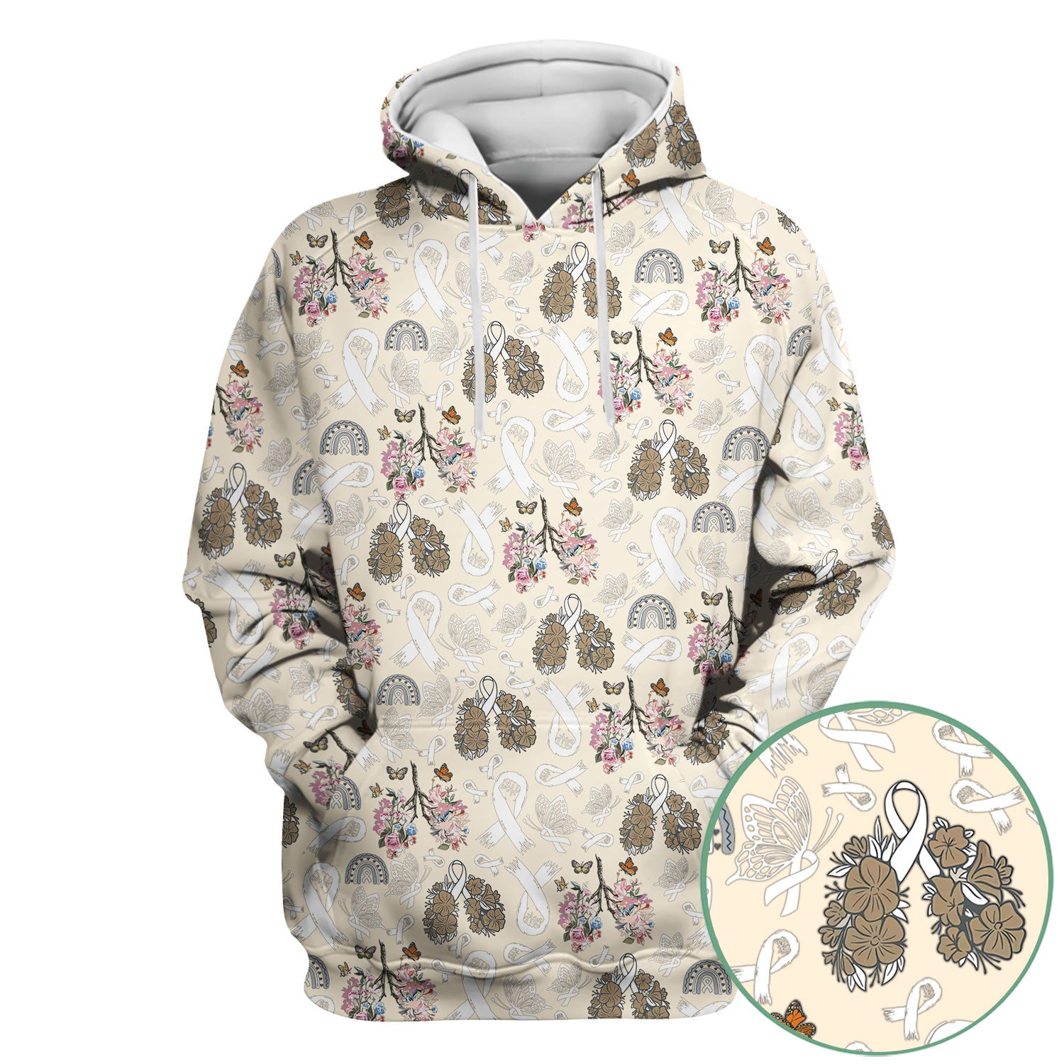 Lung Cancer Awareness Scrub Top for Women - White Ribbon Butterfly Floral Medical Uniform - Comfortable Scrubs for Nurses