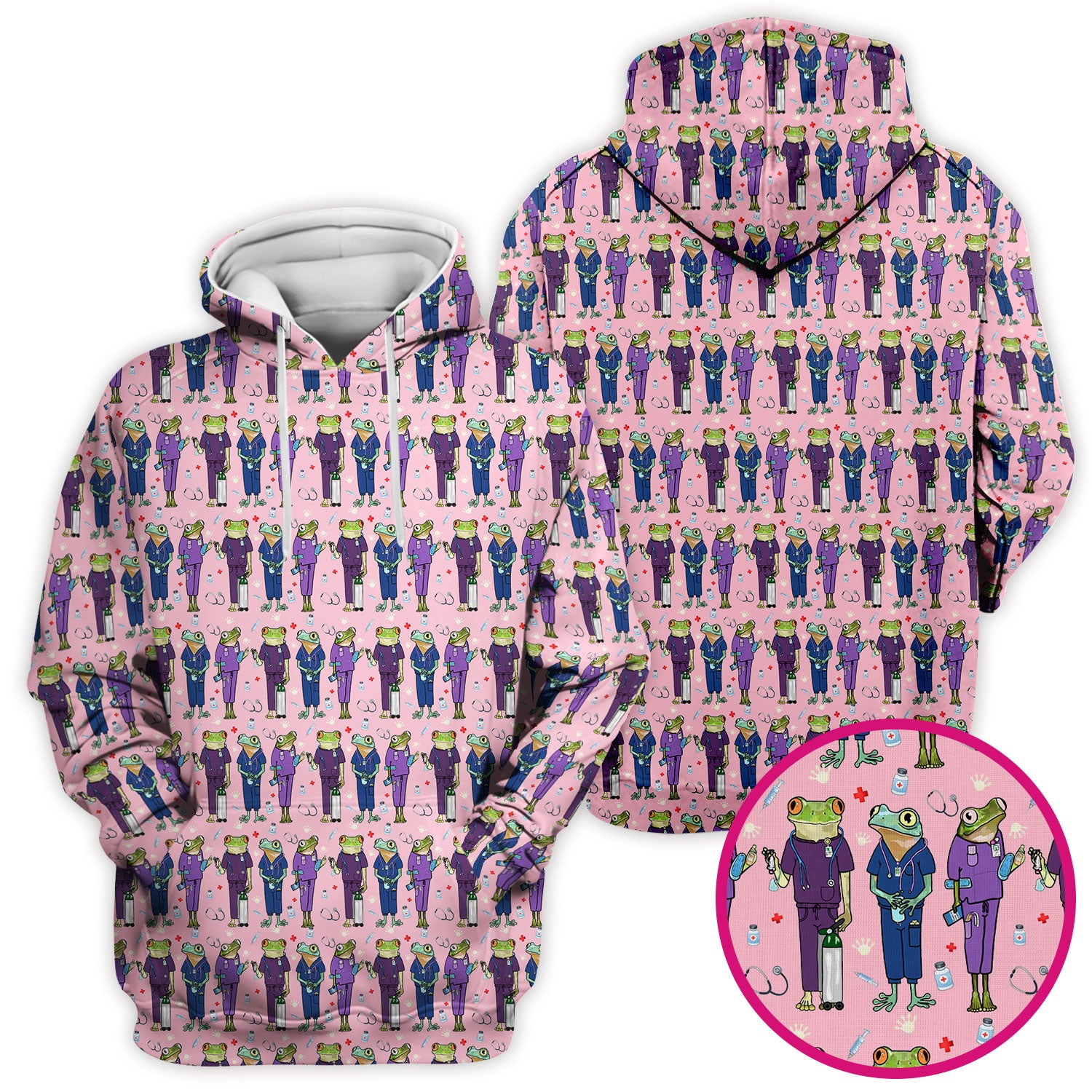 Funny Frog Nurse Pattern Scrub Top, Breathable Healthcare Uniform Top