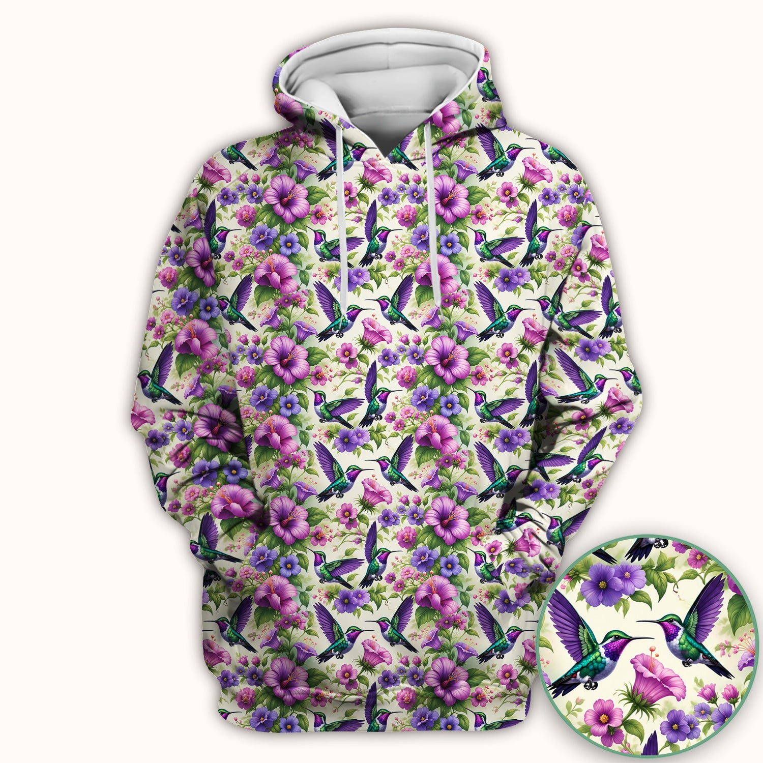 Purple Hummingbird Hibiscus Floral Pattern Scrub Top, Comfortable Scrubs for Nurses