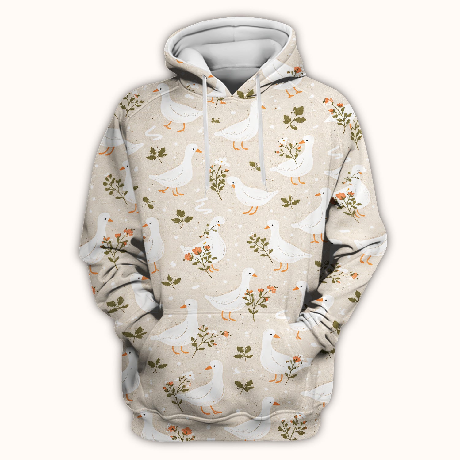 White Goose Floral Meadow Pattern Scrub Top, Comfortable Scrubs for Nurses
