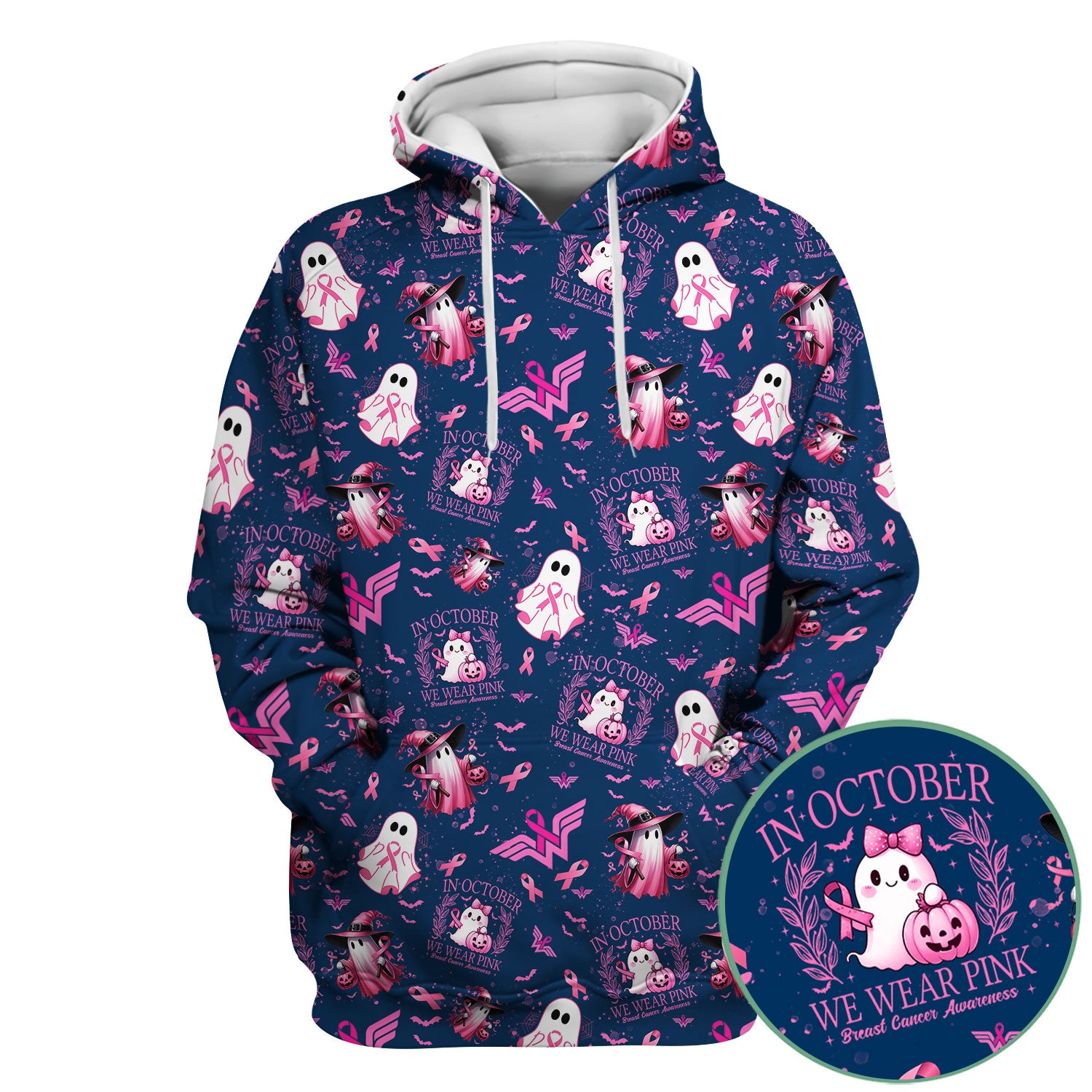 Halloween Breast Cancer Awareness Scrub Top - In October We Wear Pink Nurse Shirt - Cute Ghost Witch Pink Ribbon Medical Uniform