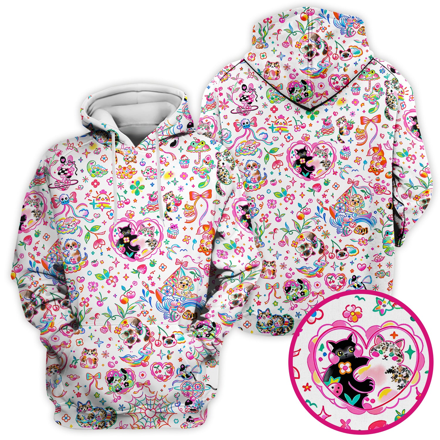Colorful Kawaii Cat Heart Doodle Pattern Scrub Top, Comfortable Scrubs for Nurses