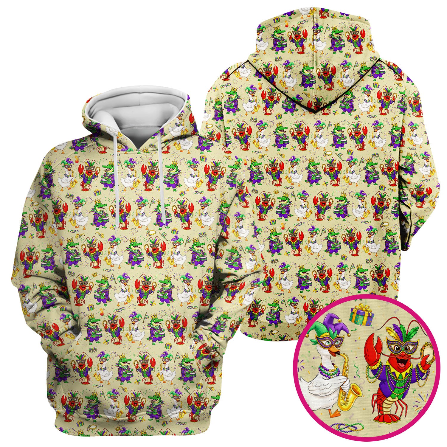 Crawfish And Duck Carnival Scrub Top, Mardi Gras Parade Pattern Nurse Shirt, Breathable Fabrics Nursing Uniform