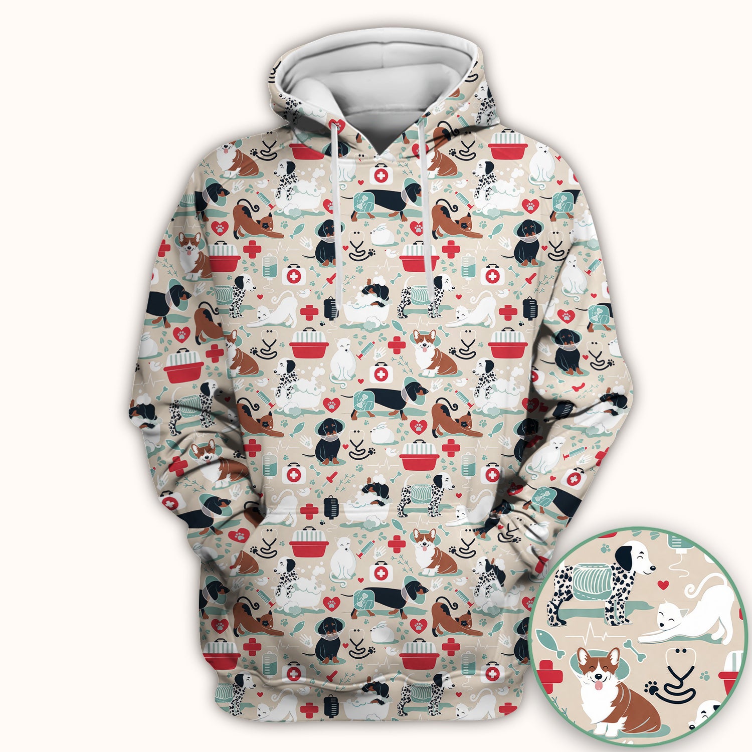 Dogs With Veterinary Tools And Paw Print Scrub Top, Breathable Fabrics Nursing Uniform