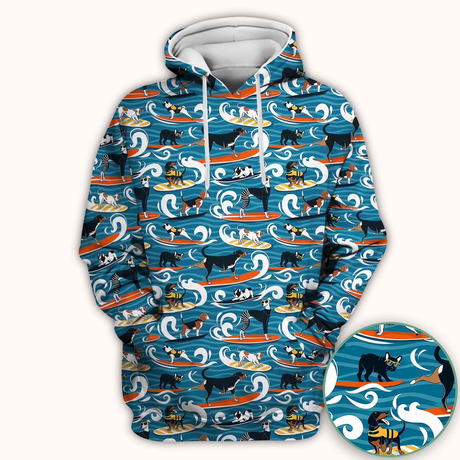 Surfing Dogs Ocean Wave Print Scrub Top, Comfortable Scrubs for Nurses