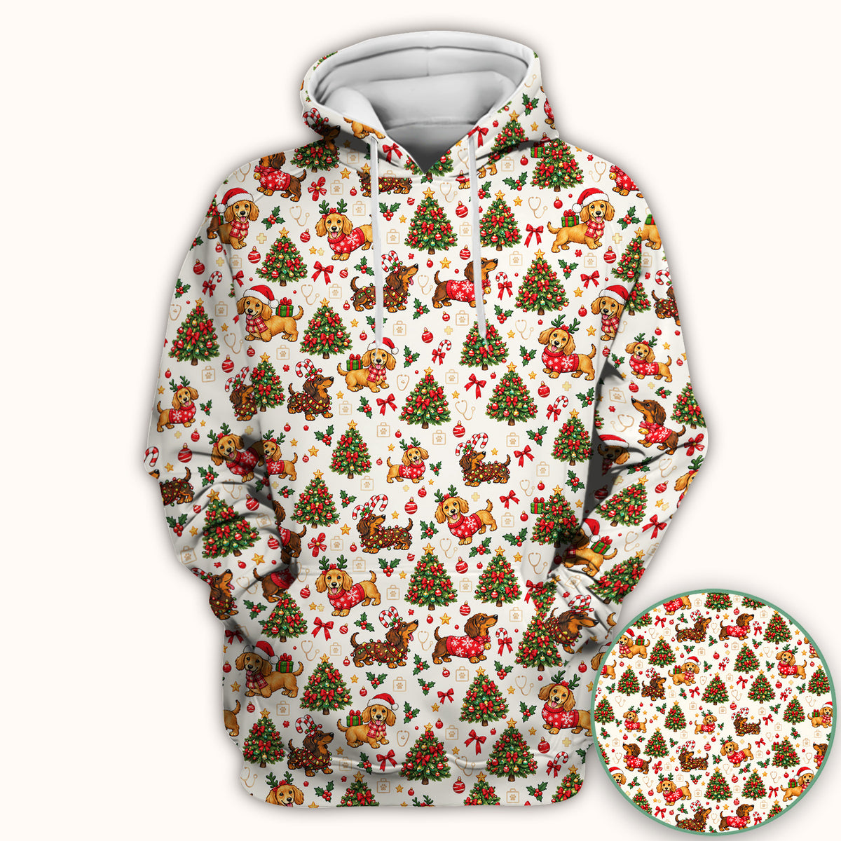 Cute Christmas Dachshund And Tree Pattern Scrub Top, Comfortable Scrubs for Nurses
