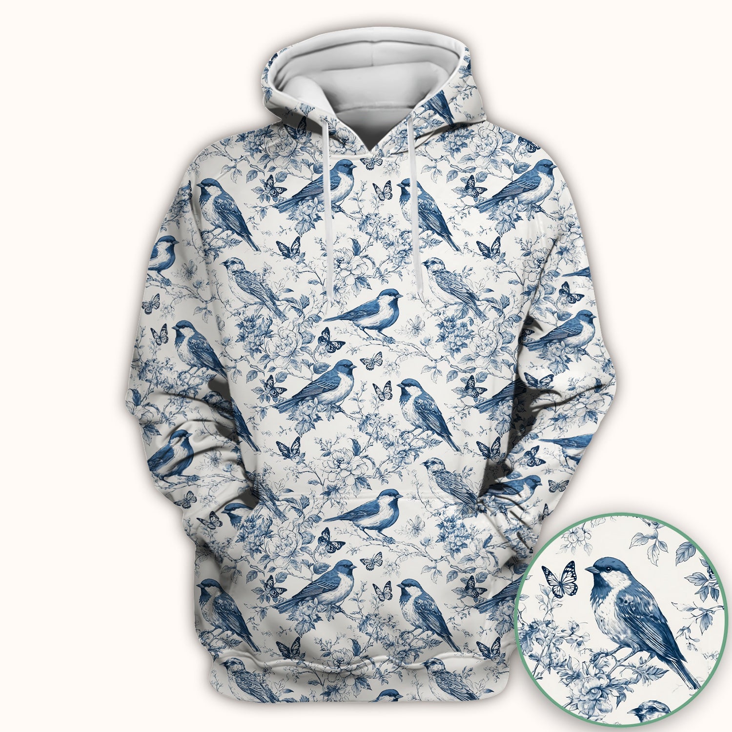 Blue Toile Songbird With Butterfly Print Scrub Top, Comfortable Scrubs for Nurses