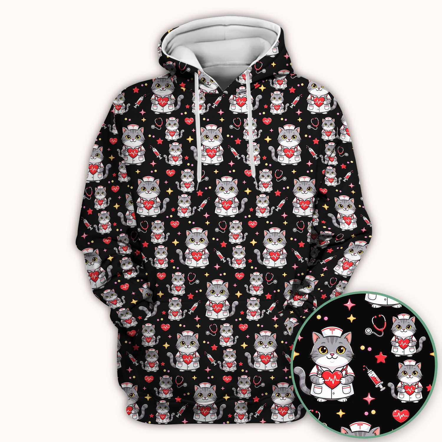 Cute Nurse Cat Heart Medical Print Scrub Top, Comfortable Scrubs for Nurses