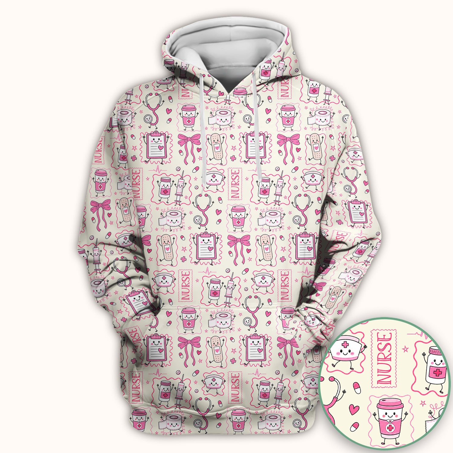Cute Nurse Doodle with Bandage & Coffee Icons Scrub Top, Comfortable Scrubs for Nurses