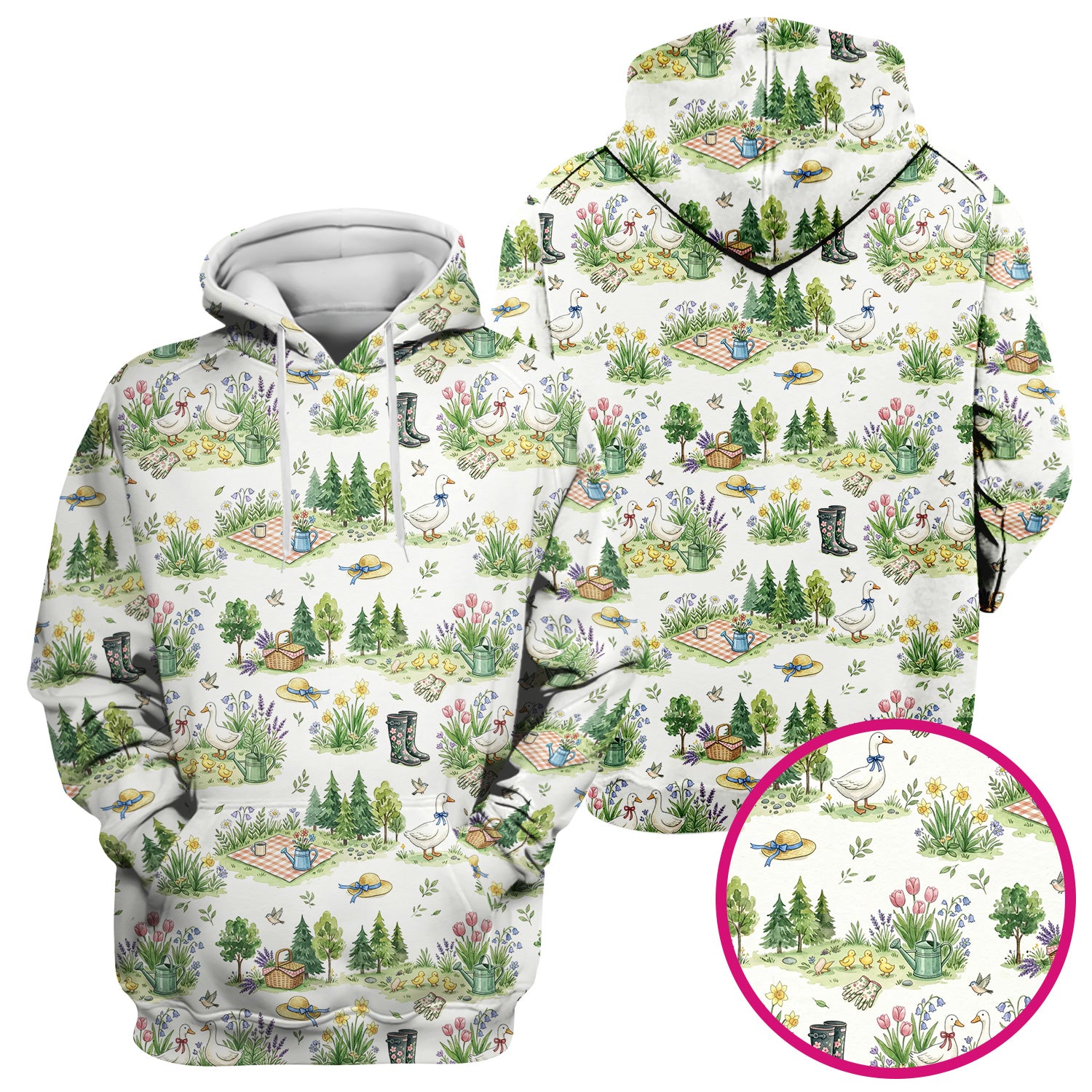 Cute Duck Garden Pattern Scrub Top, Spring Floral Countryside Nursing Uniform