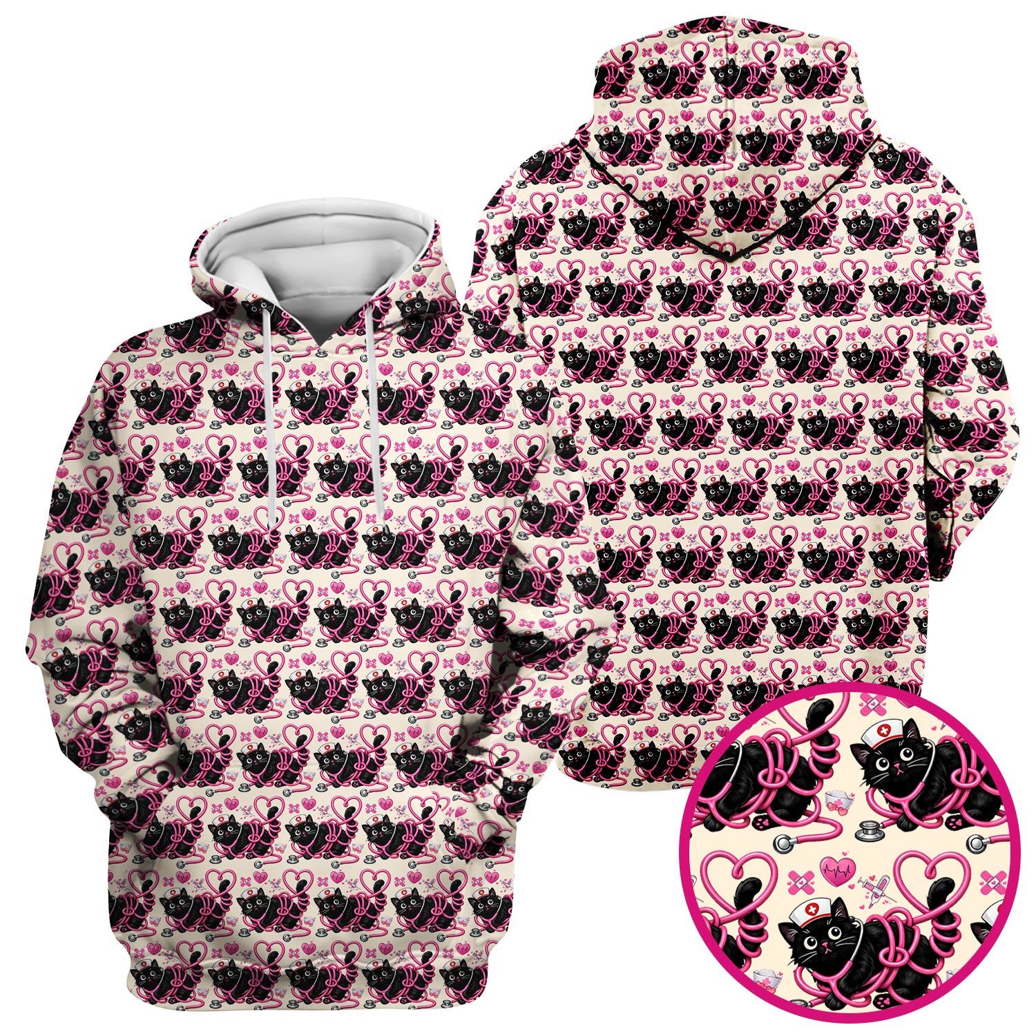 Valentine Cute Cat Nurse Heart Print Scrub Top, Comfortable Scrubs for Nurses