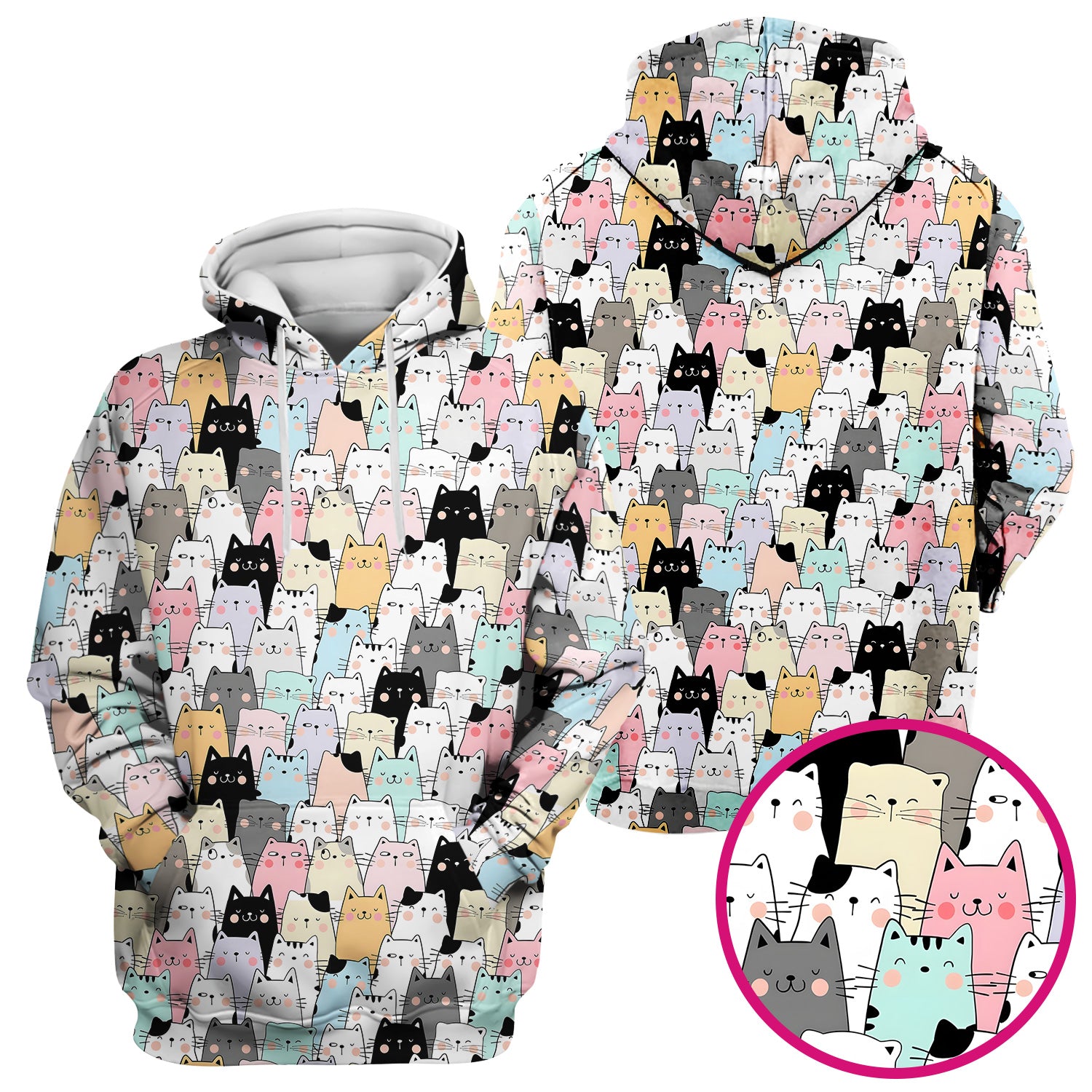 Playful Cartoon Cat Crowd Pattern Scrub Top, Comfortable Scrubs for Nurses
