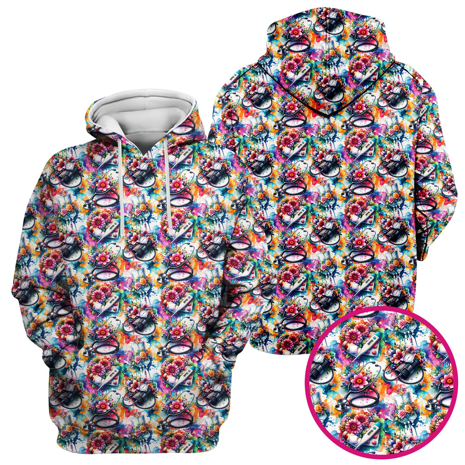 Colorful Medical Tools Floral Pattern Scrub Top, Comfortable Scrubs for Nurses