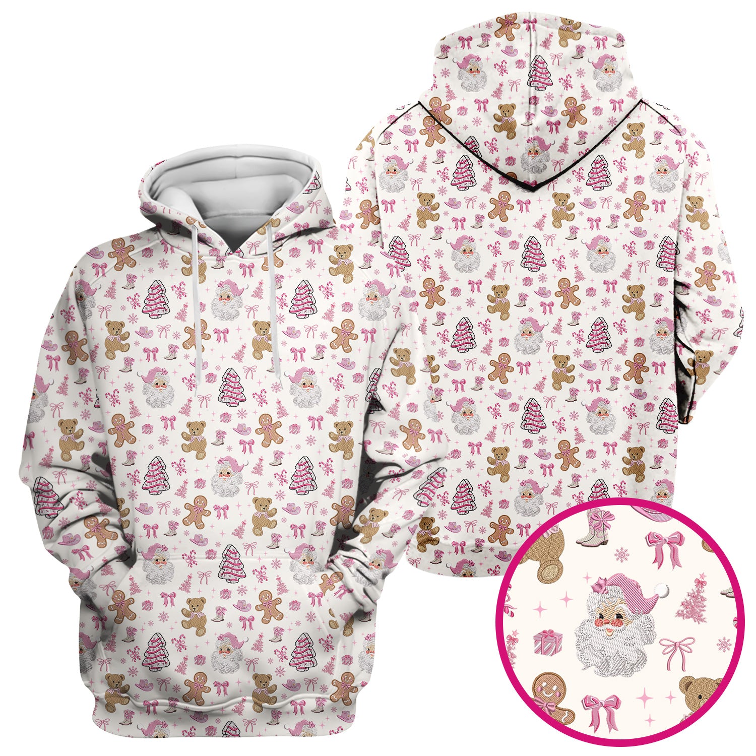 Pink Christmas Santa Gingerbread Scrub Top, Cute Holiday Medical Pattern Shirt, Breathable Fabrics Nursing Uniform