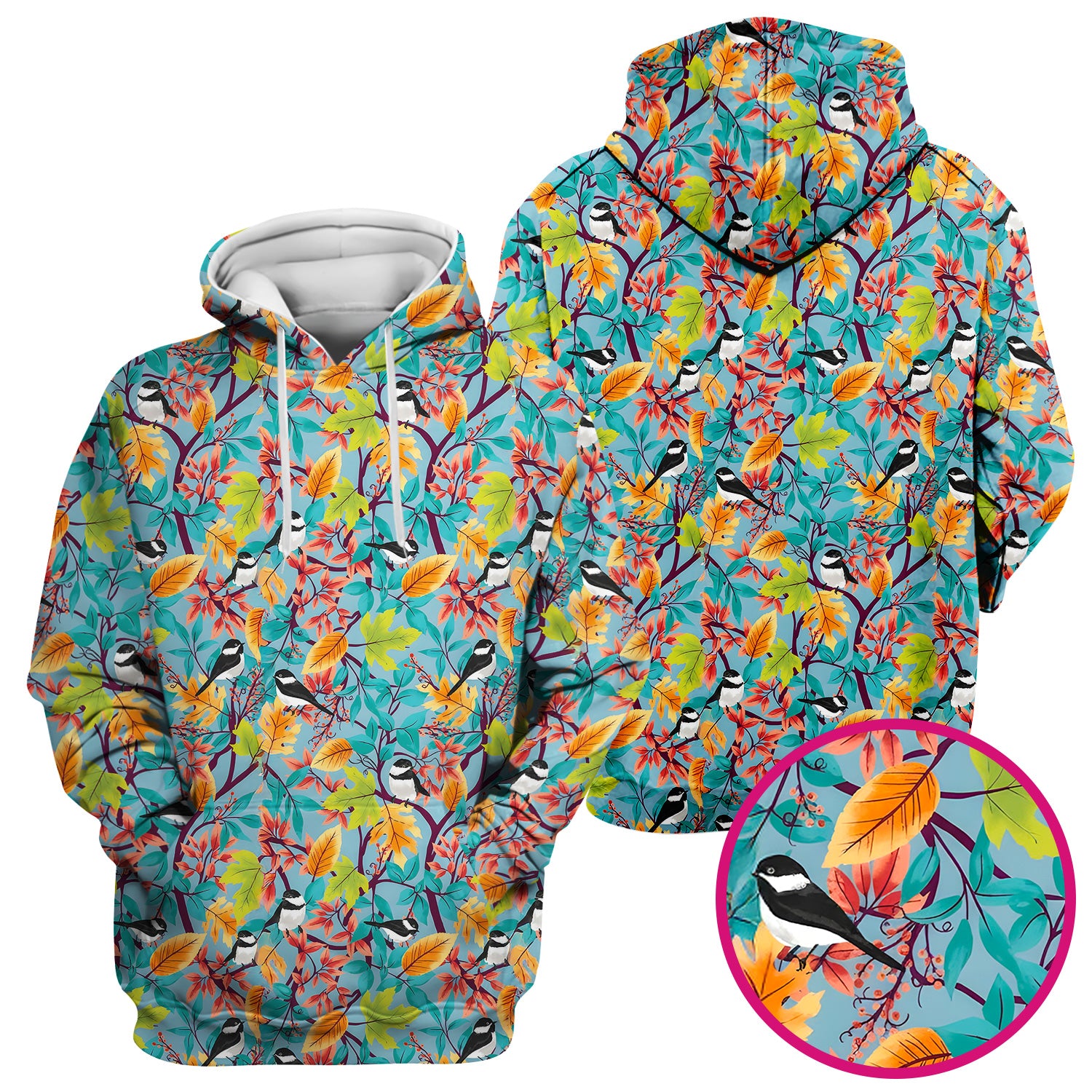 Autumn Leaf Chickadee Bird Pattern Scrub Top, Breathable Fabrics Nursing Uniform