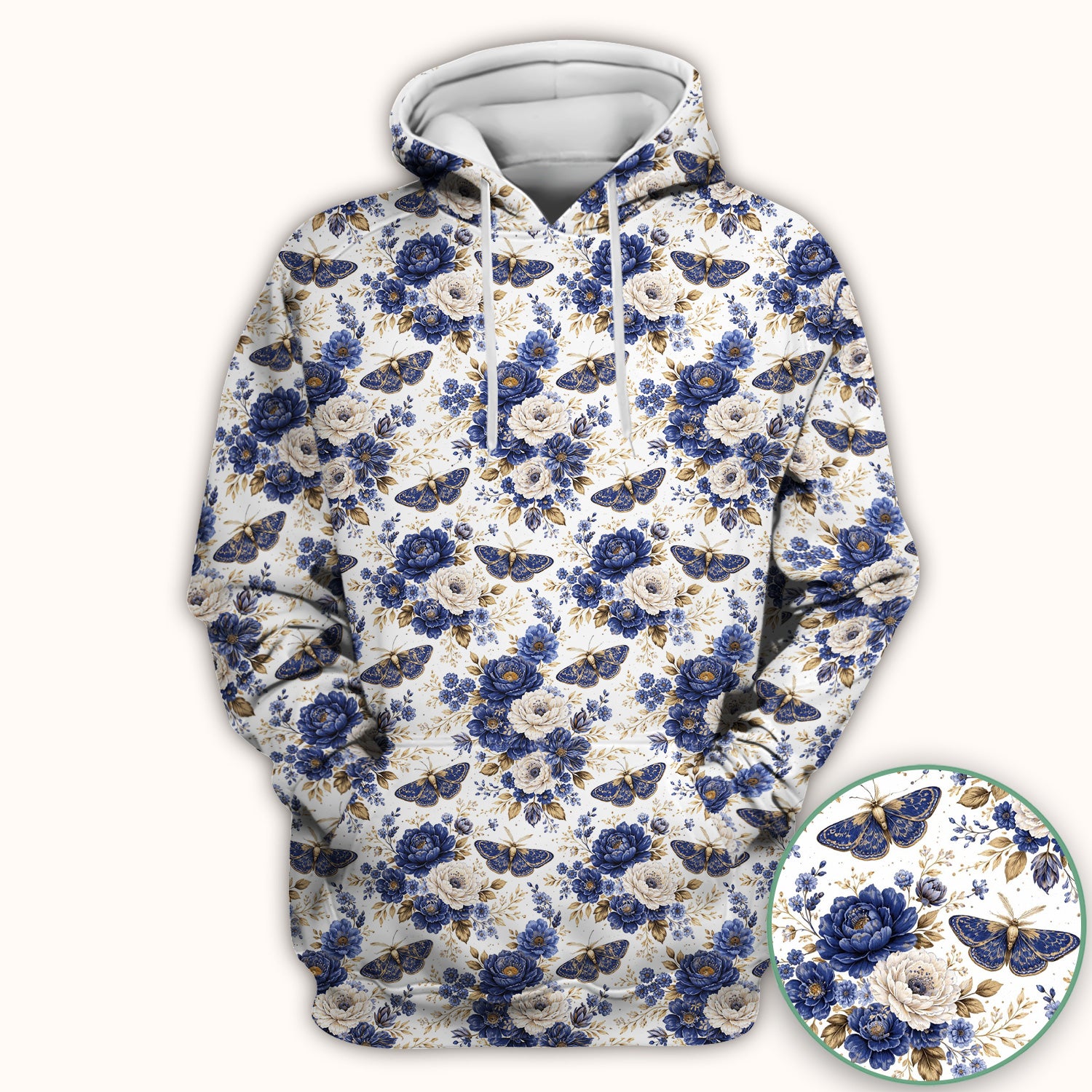 Cute Blue Floral Moth Pattern Scrub Set, Scrub Pants and V Neck Top
