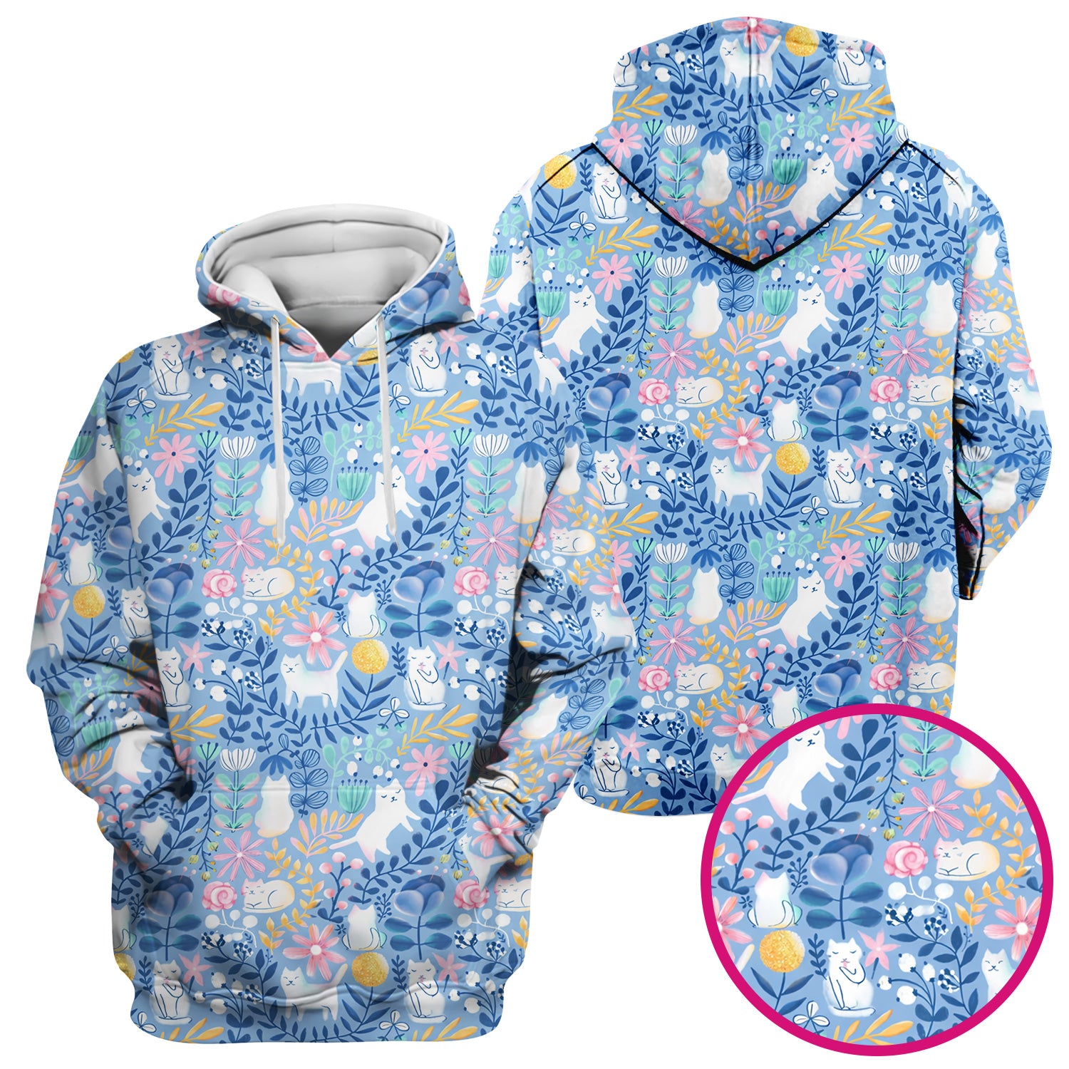Whimsical Cat Floral Pattern Scrub Top, Breathable Fabrics Nursing Uniform