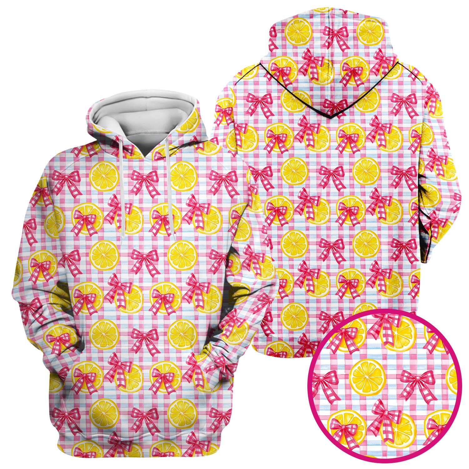 Cute Lemon Slice Pink Bow Gingham Pattern Scrub Top, Comfortable Scrubs for Nurses