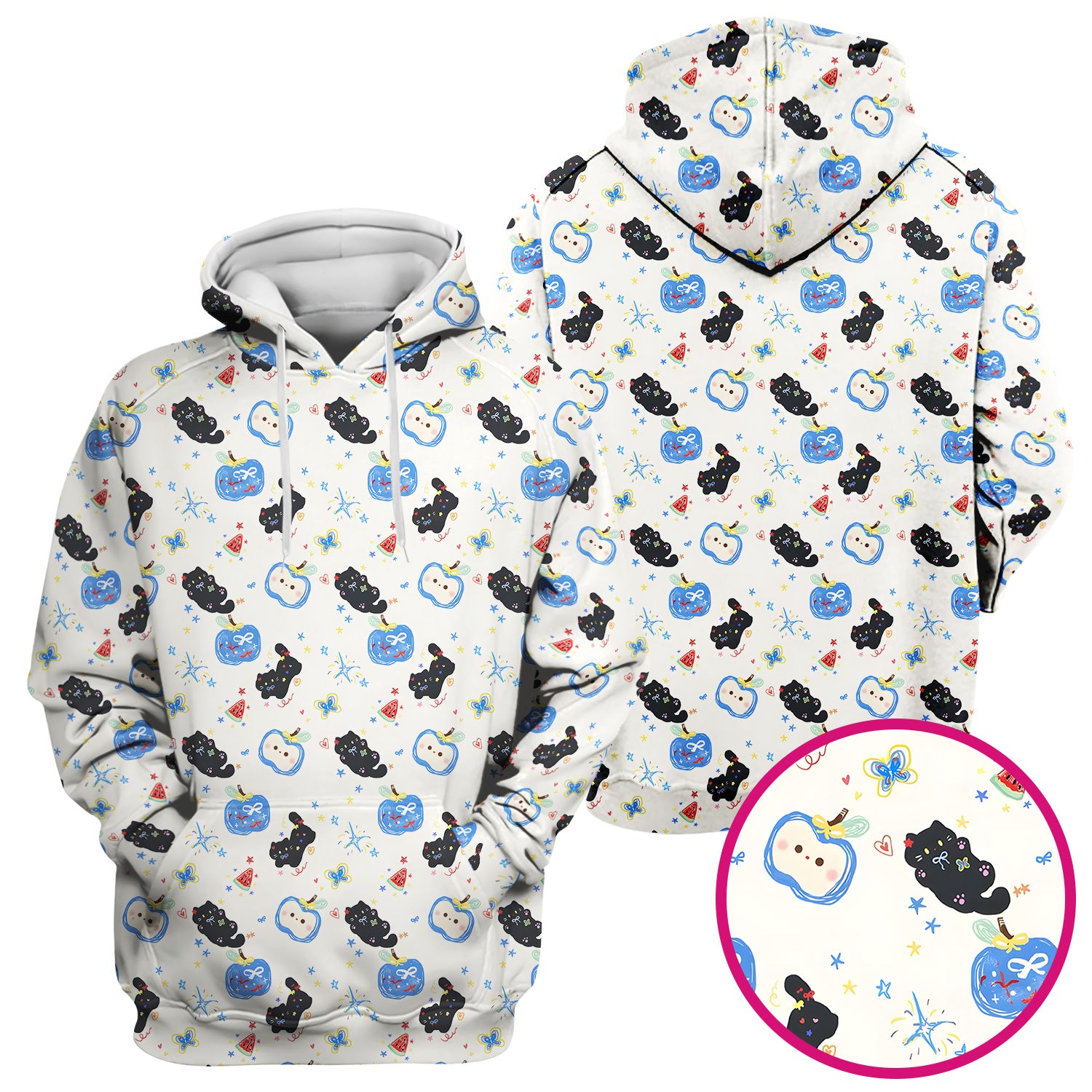 Cute Black Cat and Apple Print V Neck Scrub Top for Nurses