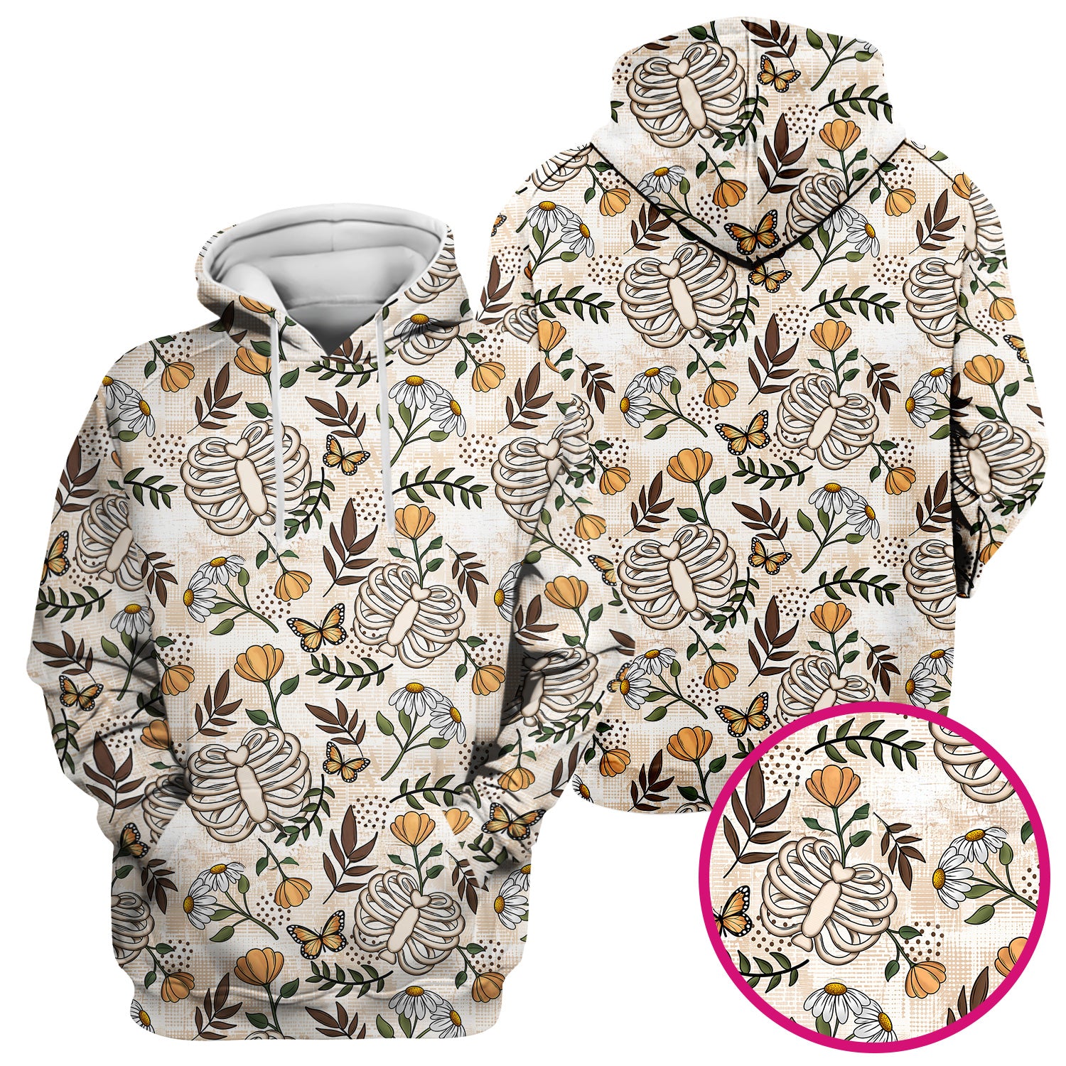 Skeleton Ribcage With Daisy And Butterfly Floral Scrub Top, Breathable Fabrics Nursing Uniform
