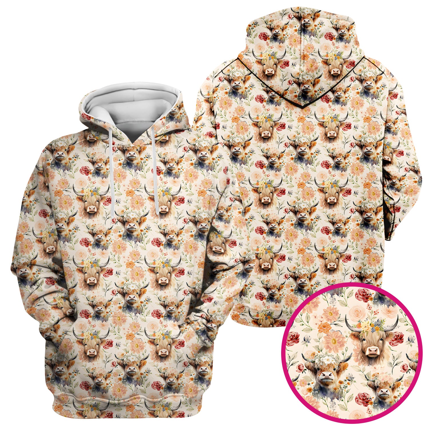 Cute Highland Cow Floral Pattern Scrub Top, Comfortable Scrubs for Nurses