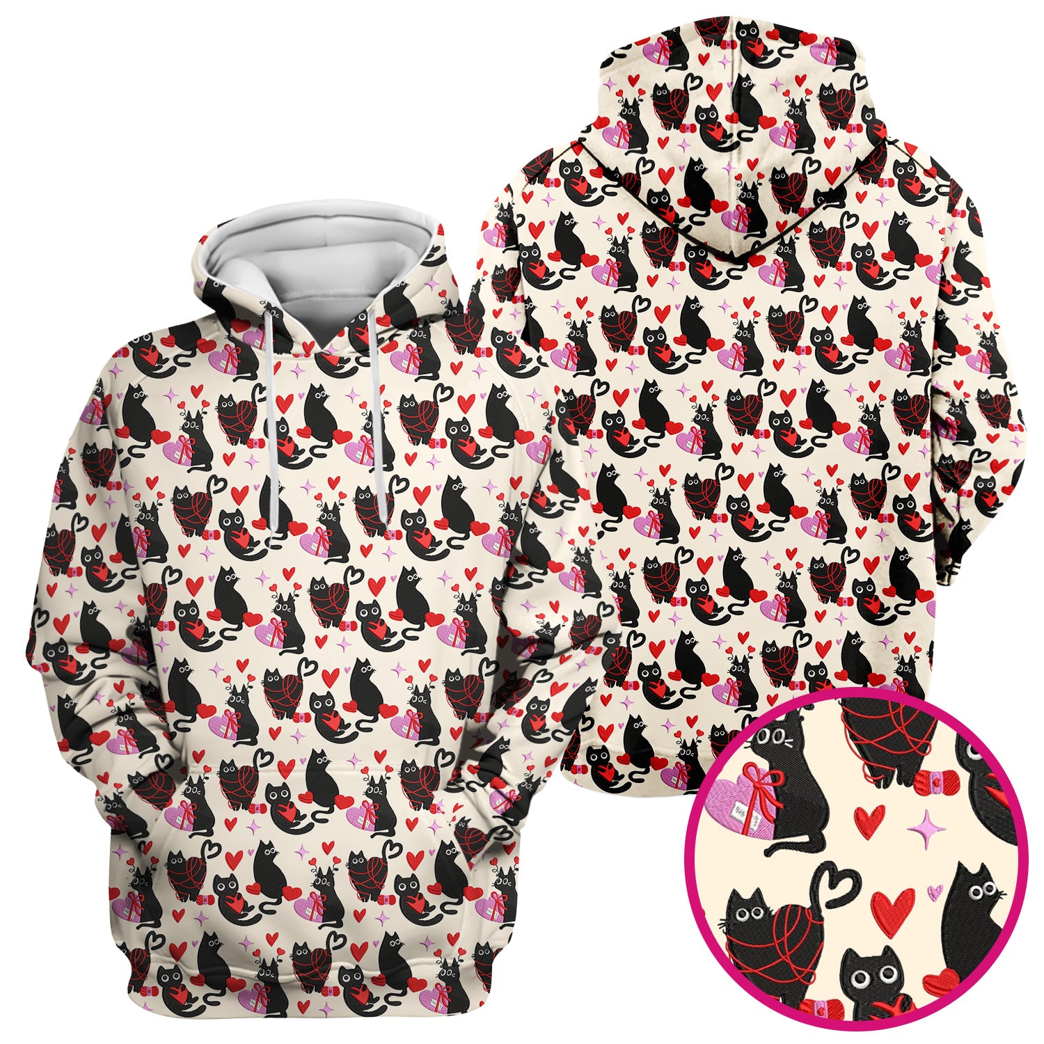 Valentine’s Day Scrub Top, Cute Black Cat With Heart Pattern Nurse Shirt, Breathable Fabrics Nursing Uniform