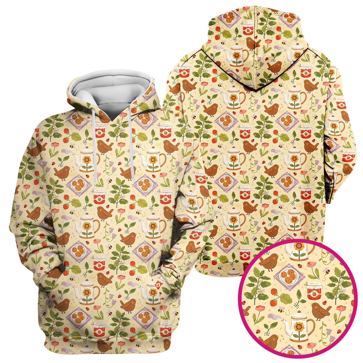 Cute Garden Tea Bird Strawberry Pattern Scrub Top, Comfortable Scrubs for Nurses