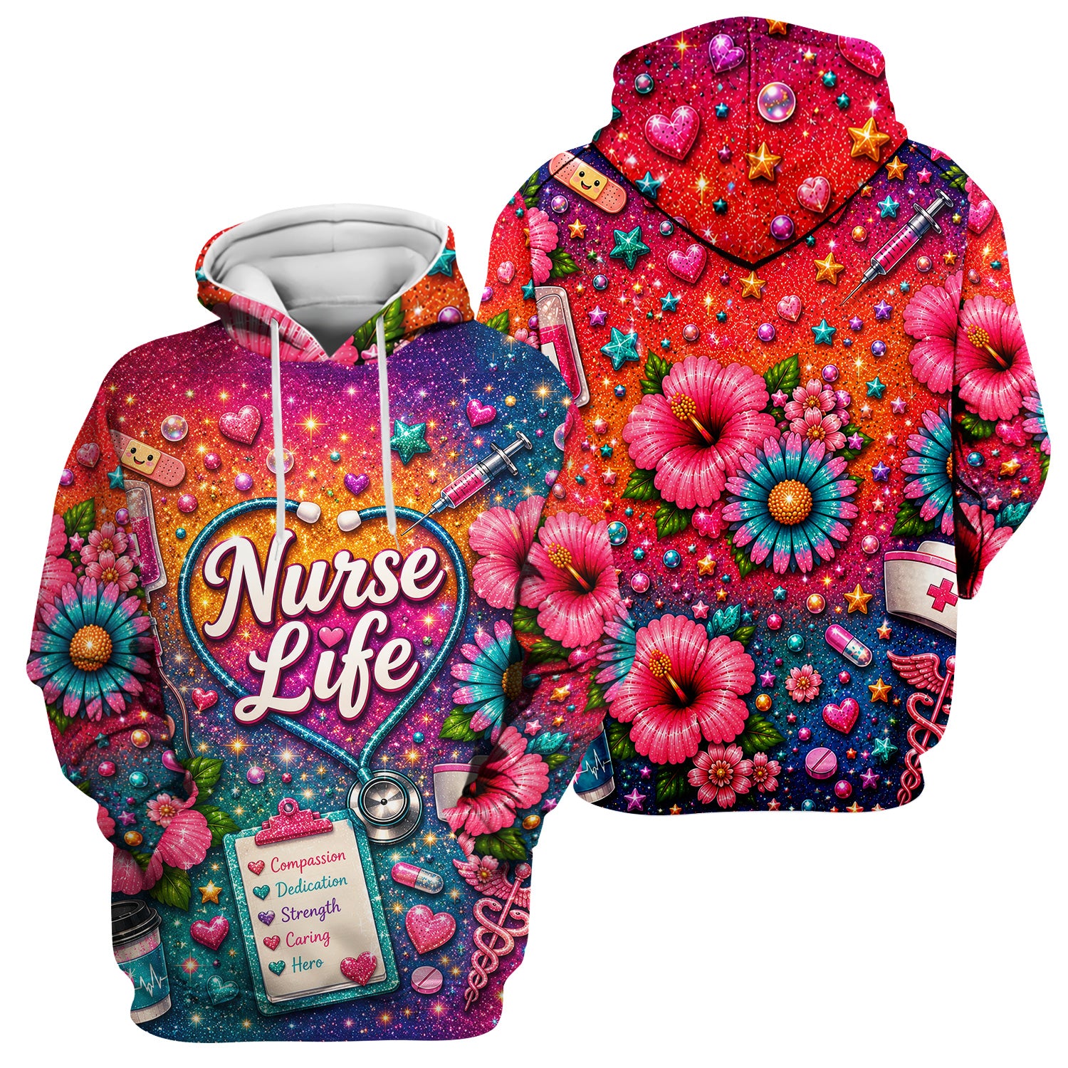 Colorful Nurse Life Heart Pattern Scrub Top, Comfortable Scrubs for Nurses