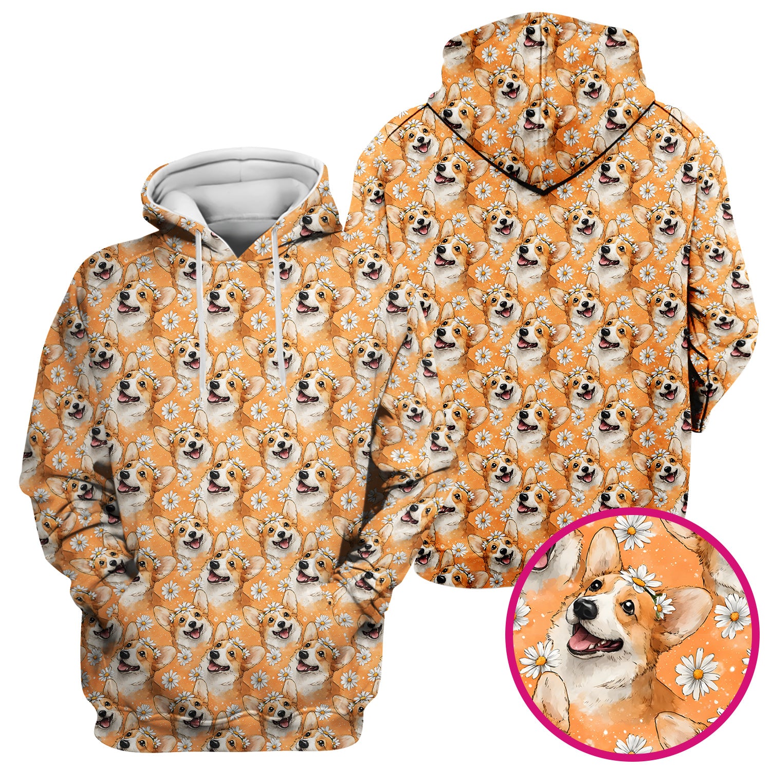 Happy Corgi Daisy Floral Pattern Orange Scrub Top, Breathable Fabrics Nursing Uniform