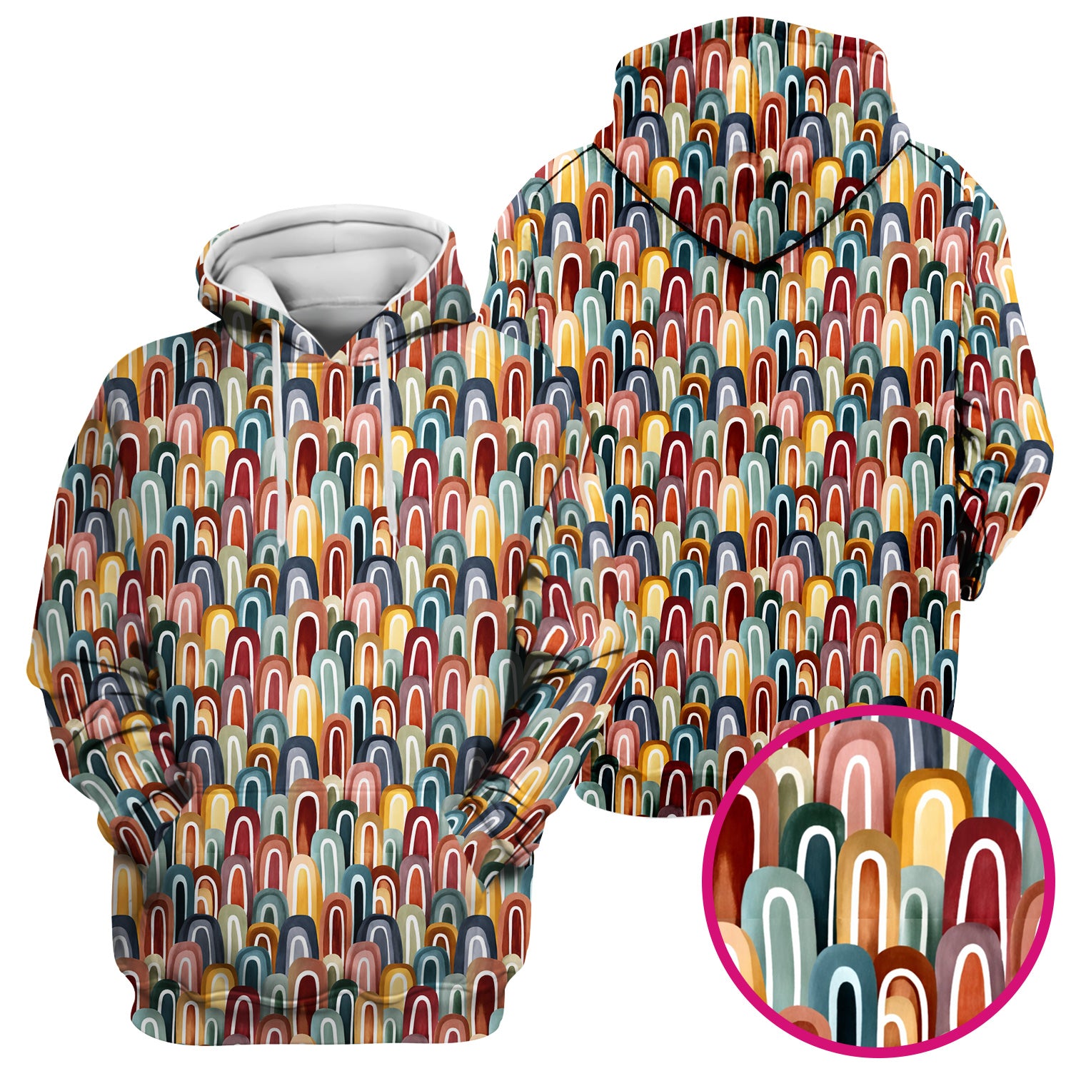 Retro Boho Rainbow Arch Pattern Scrub Top, Colorful Geometric Nursing Uniform for Women