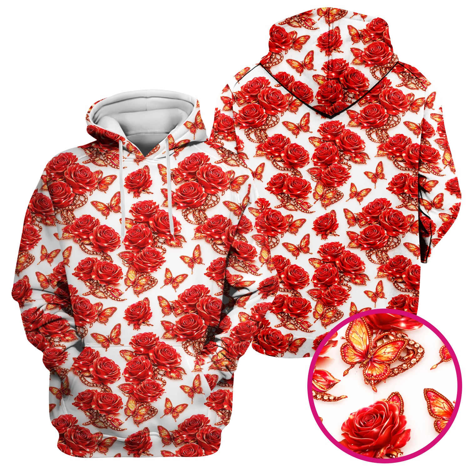 Red Rose and Butterfly Pattern Scrub Top, Comfortable Scrubs for Nurses