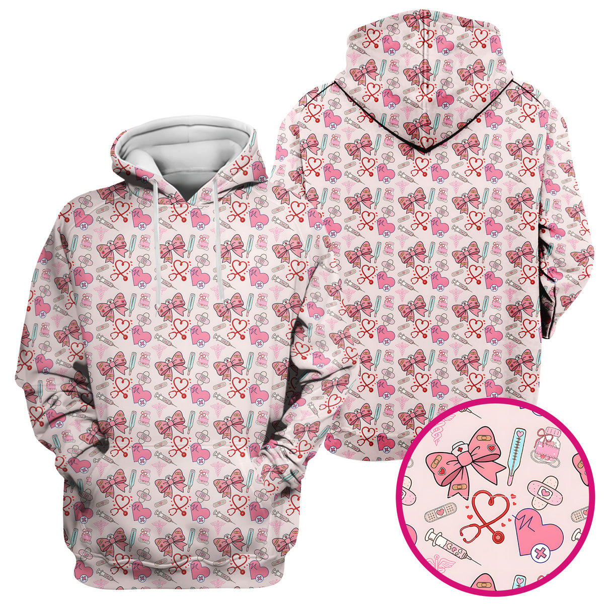 Pink Nurse Bow Heart Print Scrub Top, Comfortable Scrubs for Nurses
