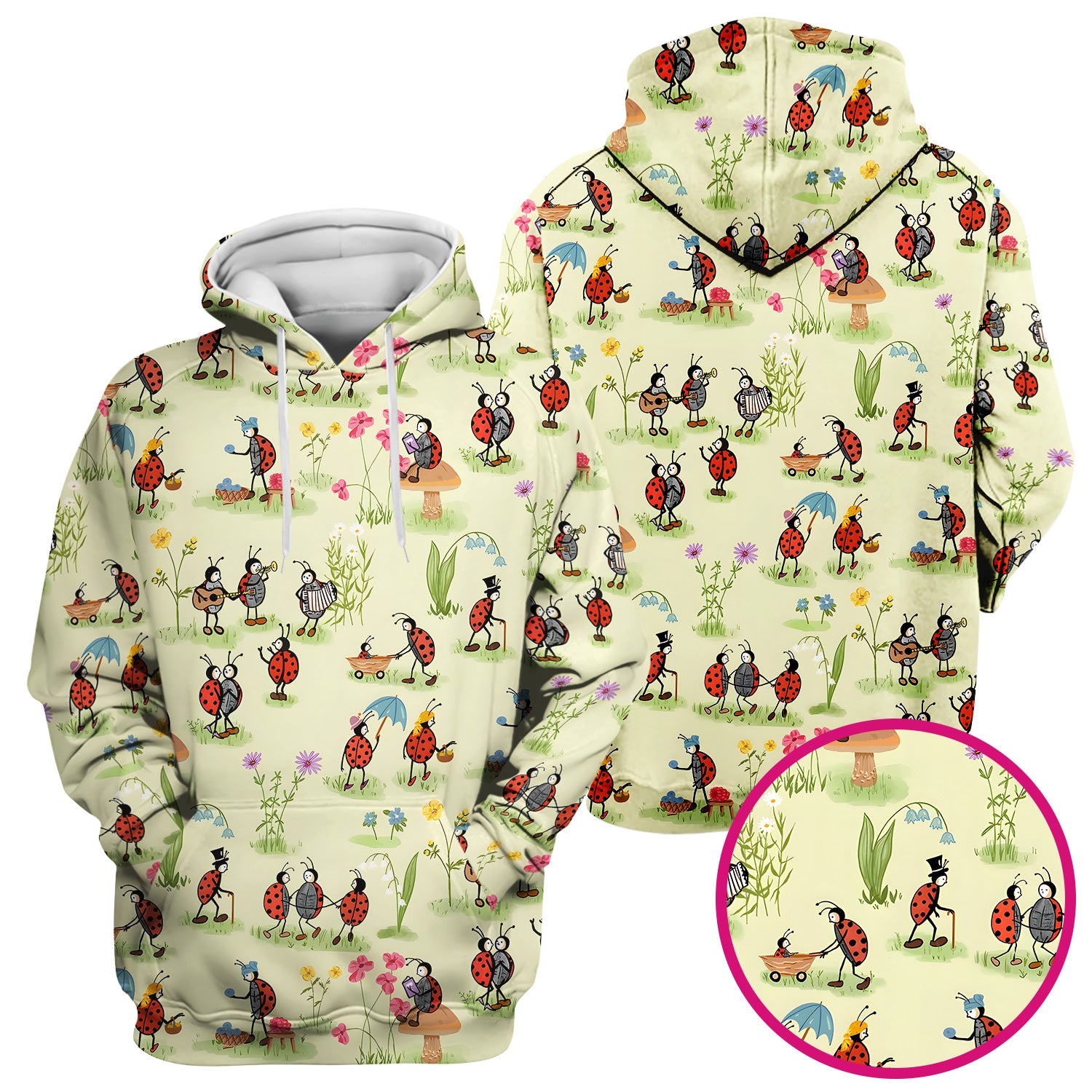 Whimsical Ladybug Garden Activity Pattern Scrub Top, Comfortable Scrubs For Nurses