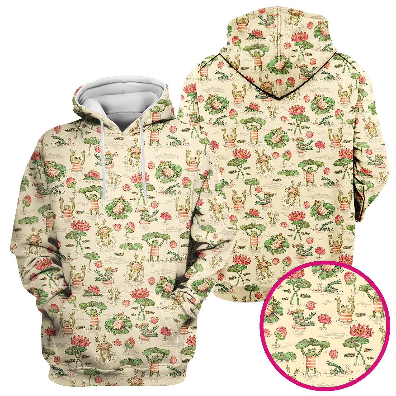 Cute Frogs Swimming Lily Pond Pattern Scrub Top, Comfortable Scrubs for Nurses