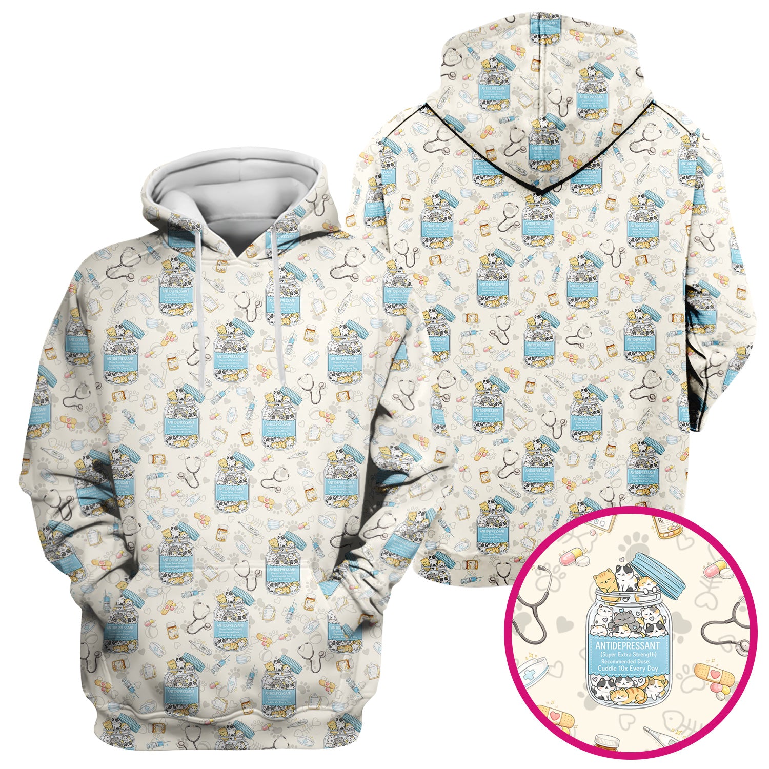 Cute Antidepressant Cat Jar Print Nurse Scrub Top, Breathable Fabrics Nursing Uniform