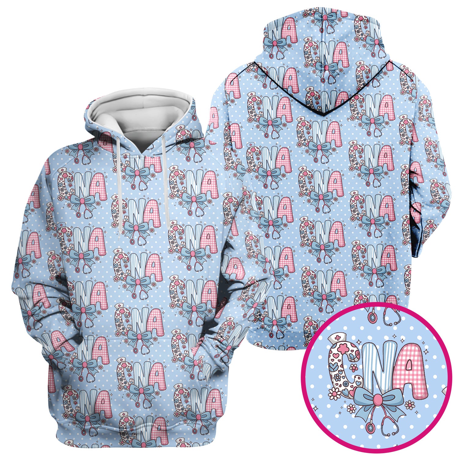Cute CNA Floral Bow Pattern Scrub Top, Breathable Fabrics Nursing Uniform