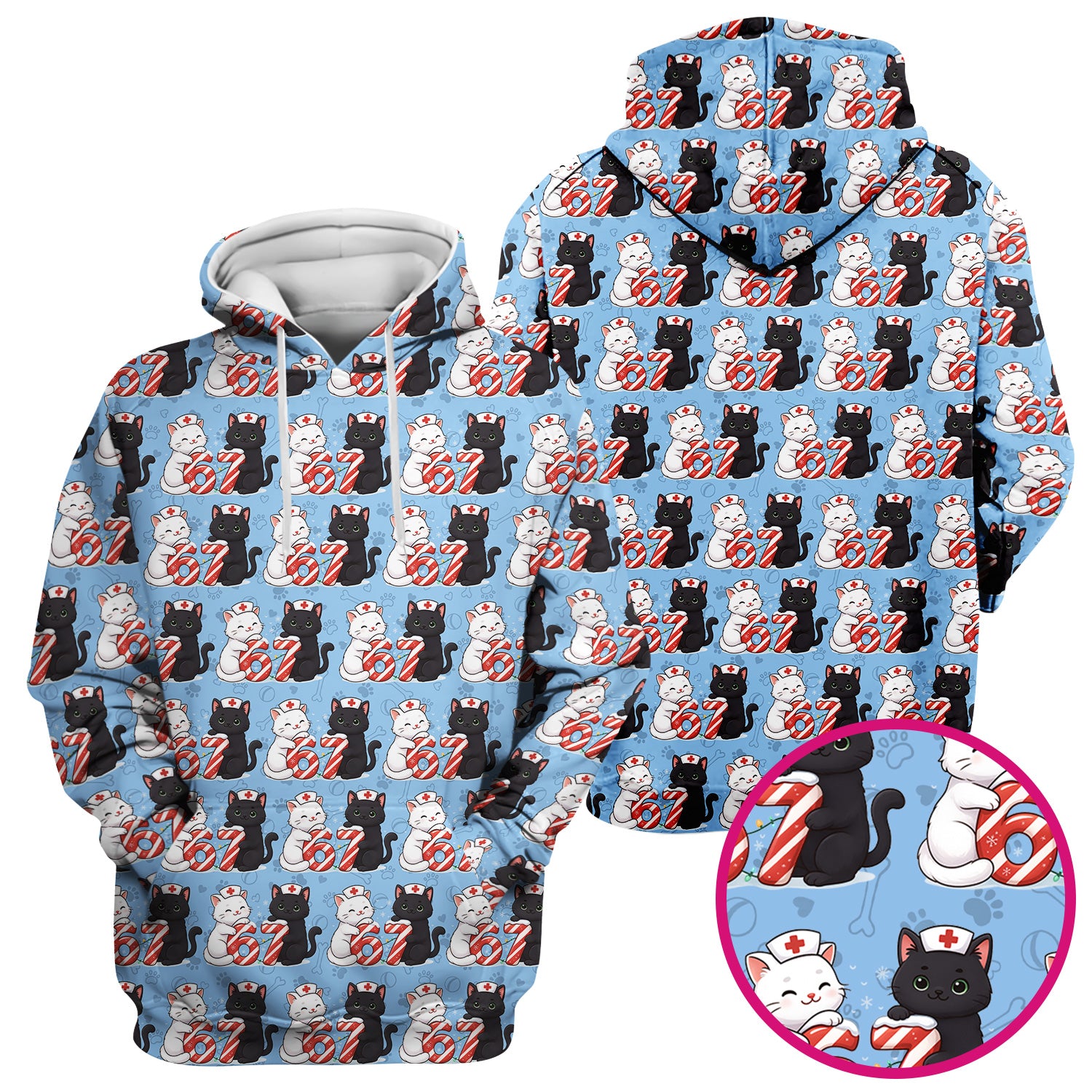 Xmas Cat Pattern Scrub Top, Christmas Nurse Six Seven With Cat Scrub Shirt, Breathable Fabrics Nursing Uniform