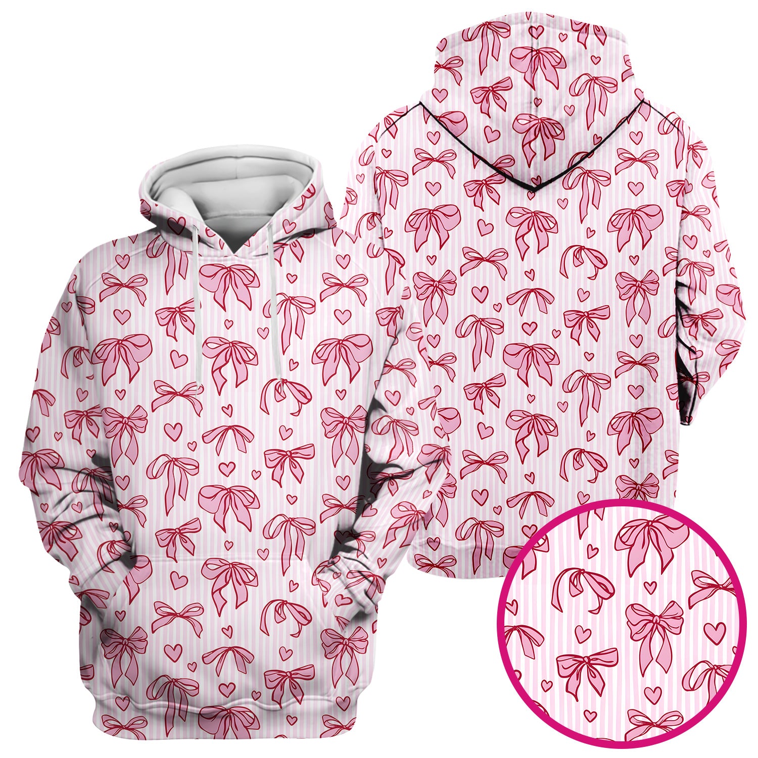 Pink Bow Heart Stripe Pattern Scrub Top, Breathable Fabrics Nursing Uniform