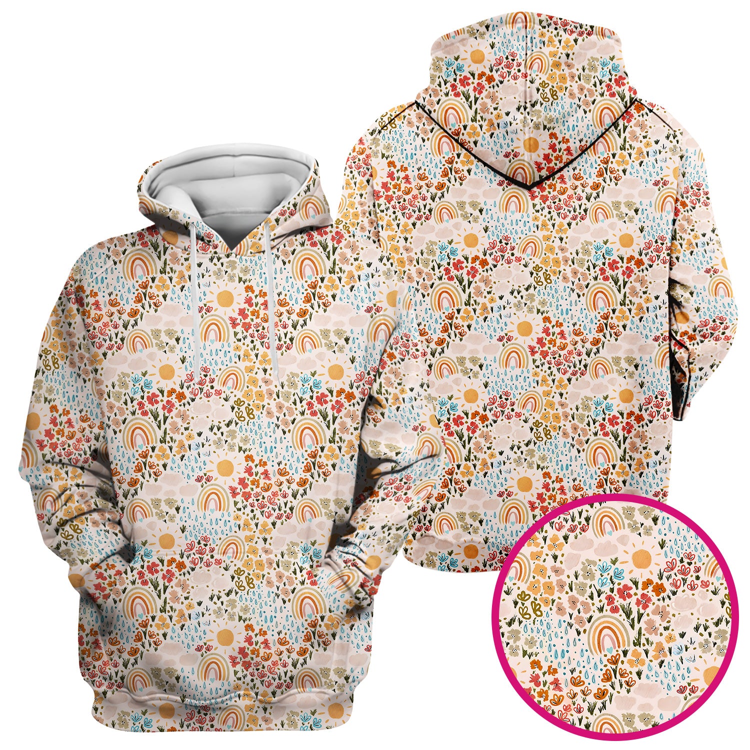 Cute Wildflower Meadow With Rainbow Sun And Raindrops Scrub Top, Comfortable Scrubs for Nurses