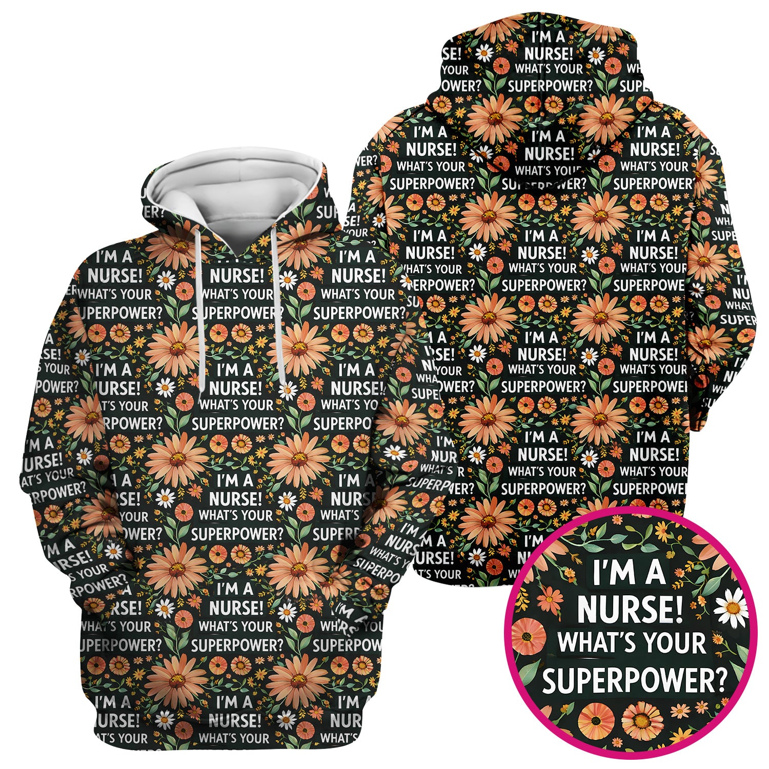 Funny Nurse Superpower Floral Pattern Scrub Top, Breathable Fabrics Nursing Uniform