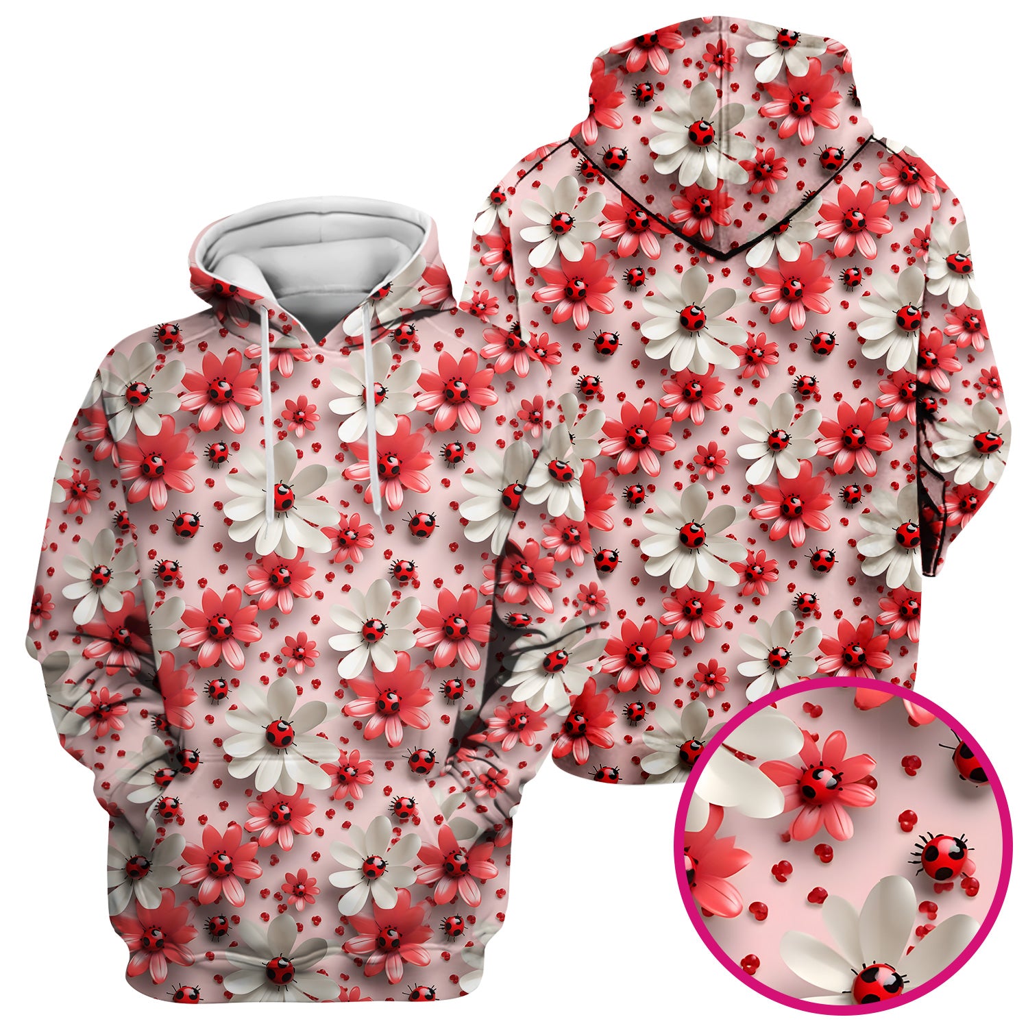 Red Ladybug Flower Pattern Scrub Top, Cute Spring Floral Nursing Uniform for Women