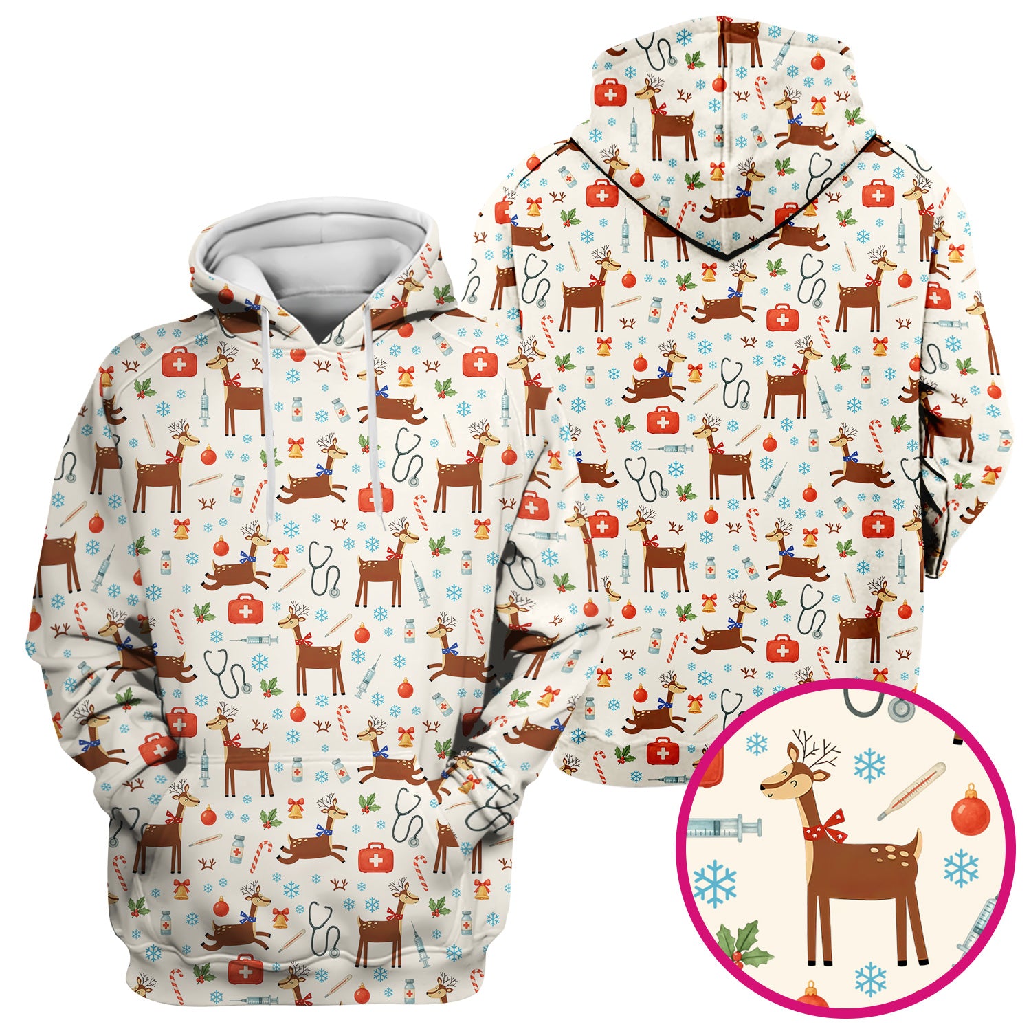 Reindeer Christmas Scrub Top - Snowflakes Candy Canes Holiday Medical Shirt - Xmas Scrubs for Women RN CNA LPN
