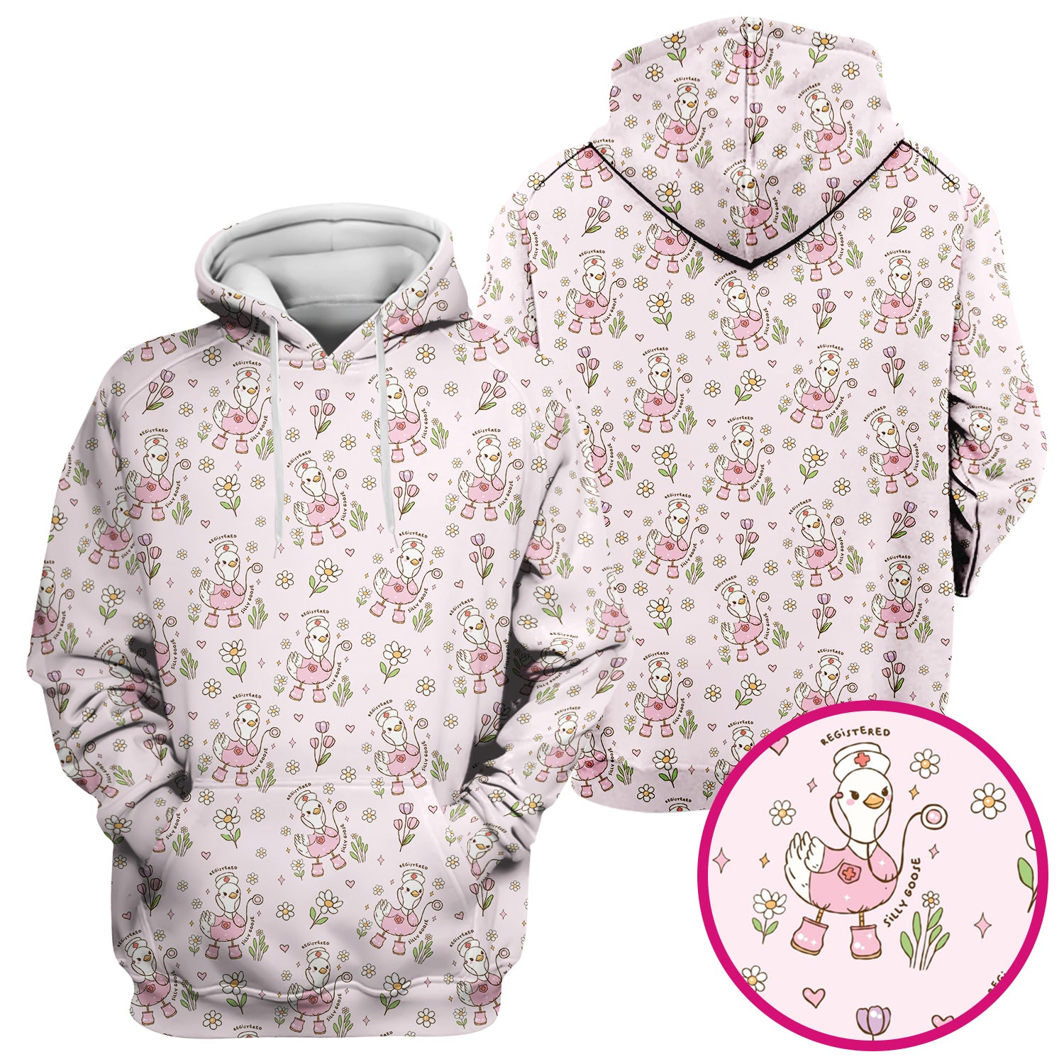 Funny Nurse Goose Daisy Print Scrub Top, Breathable Fabrics Nursing Uniform