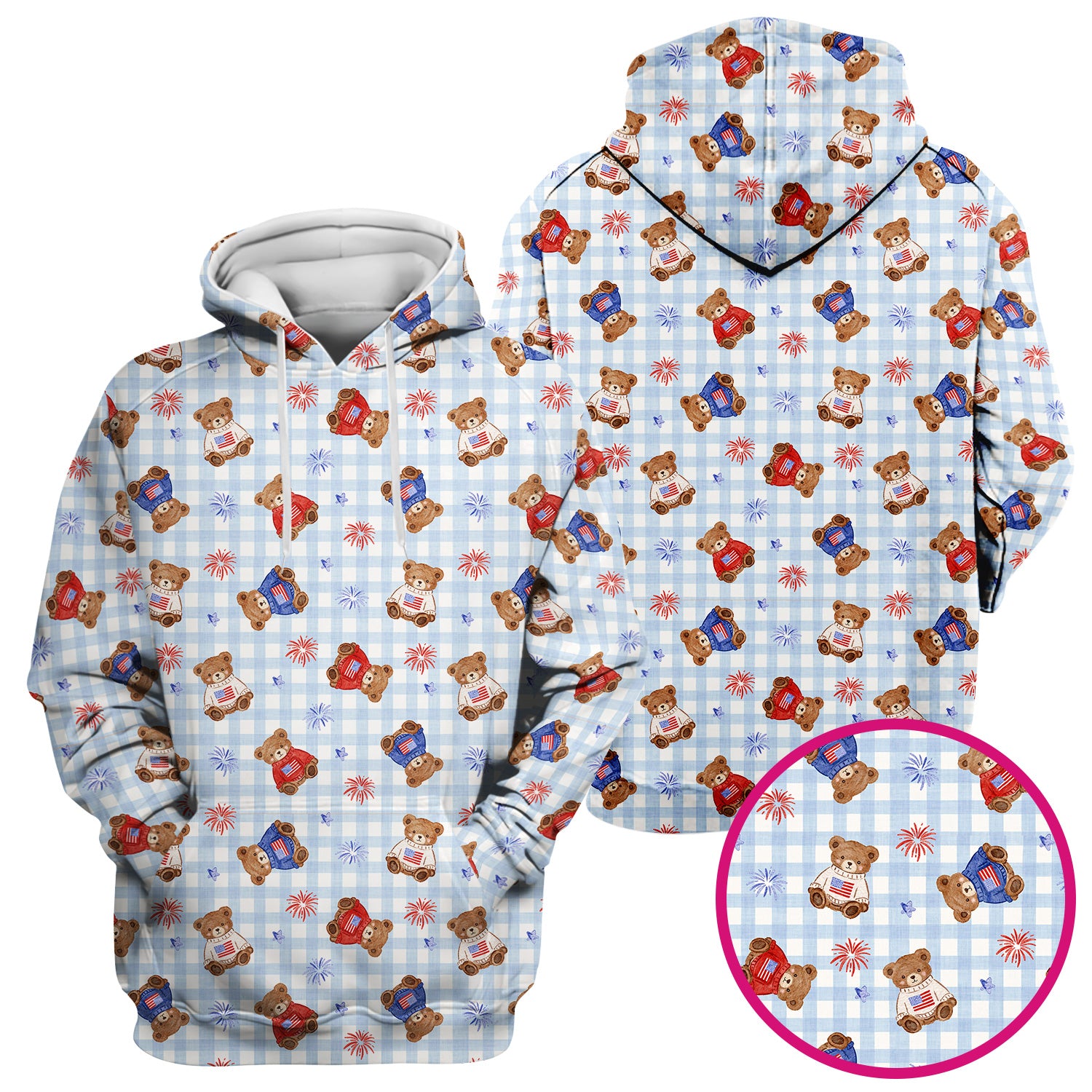 Cute Patriotic Teddy Bear Firework Gingham Pattern Scrub Top, Comfortable Scrubs for Nurses