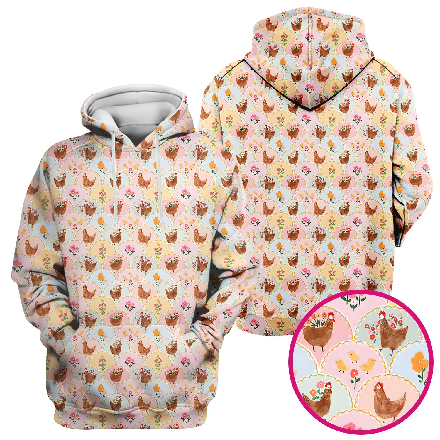 Pastel Chicken With Floral Scrub Top, Cute Chicken Nursing Uniform For Women