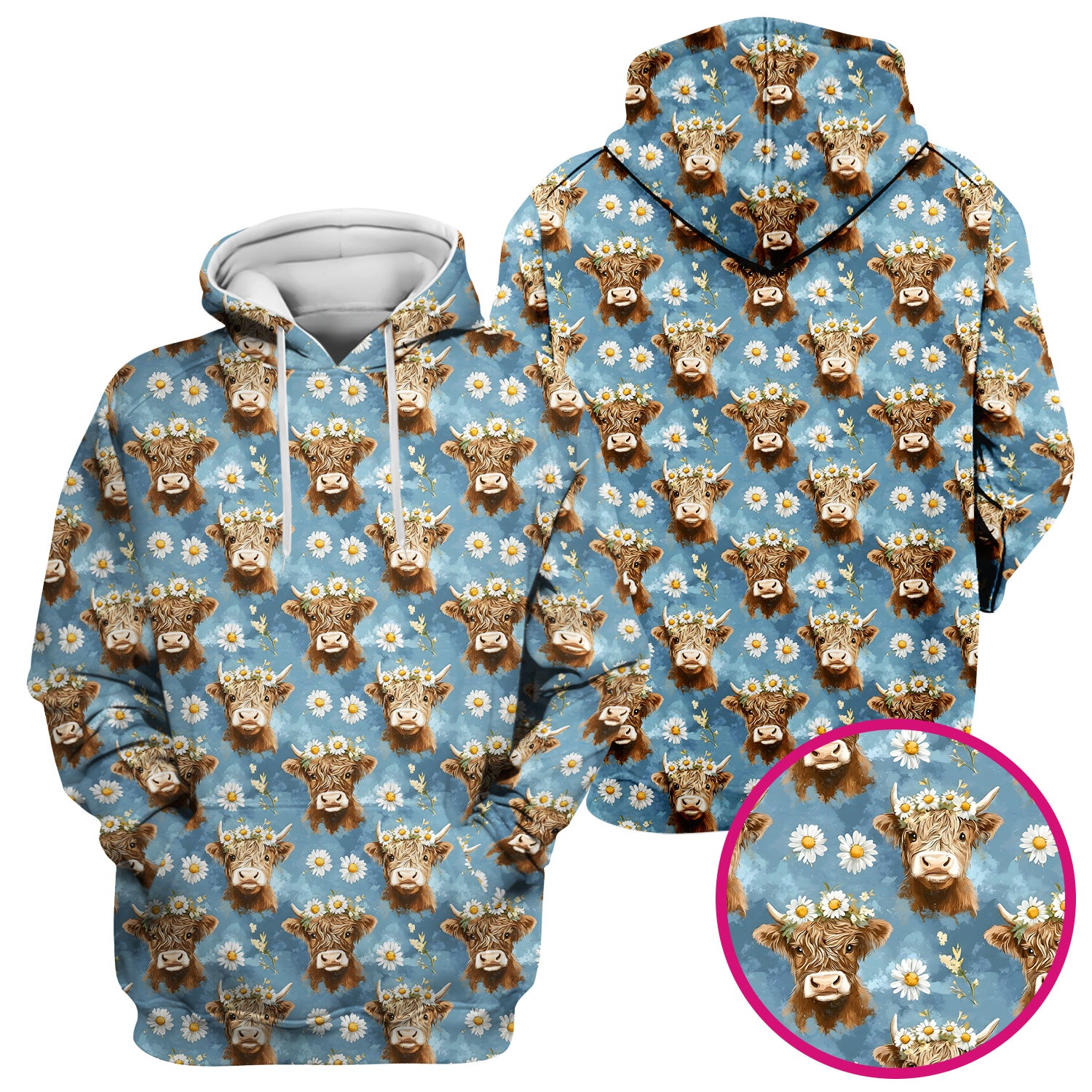 Highland Cow Daisy Flower Pattern Scrub Top, Comfortable Scrubs for Nurses